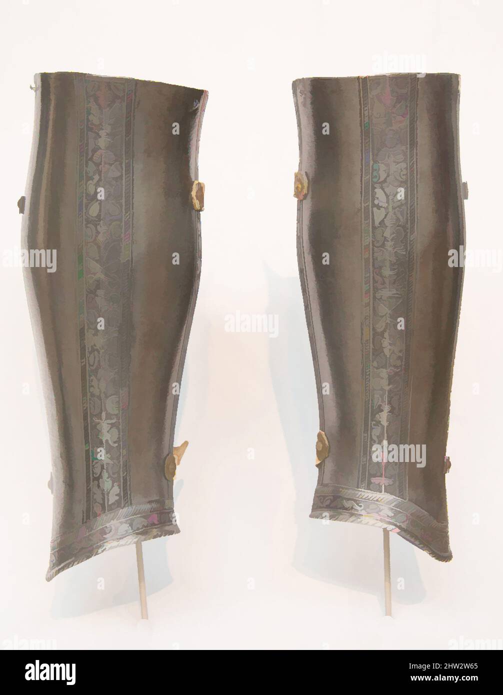 Art inspiré par paire de Greaves (défenses de la jambe inférieure), env. 1570, italien, acier, ; L. 13 7/8 po. (35,3 cm) ; avec 5 po (12,7 cm) ; D. 4 1/2 po (11,4 cm) ; poids 1 lb 7,6 oz (669 g) ; L. 13 7/8 po. (35,3 cm) ; avec 5 po (12,7 cm) ; D. 4 1/2 po (11,4 cm) ; poids 1 lb 6,1 oz (626,5 g), Armour, œuvres classiques modernisées par Artotop avec une touche de modernité. Formes, couleur et valeur, impact visuel accrocheur sur l'art émotions par la liberté d'œuvres d'art d'une manière contemporaine. Un message intemporel qui cherche une nouvelle direction créative. Artistes qui se tournent vers le support numérique et créent le NFT Artotop Banque D'Images
