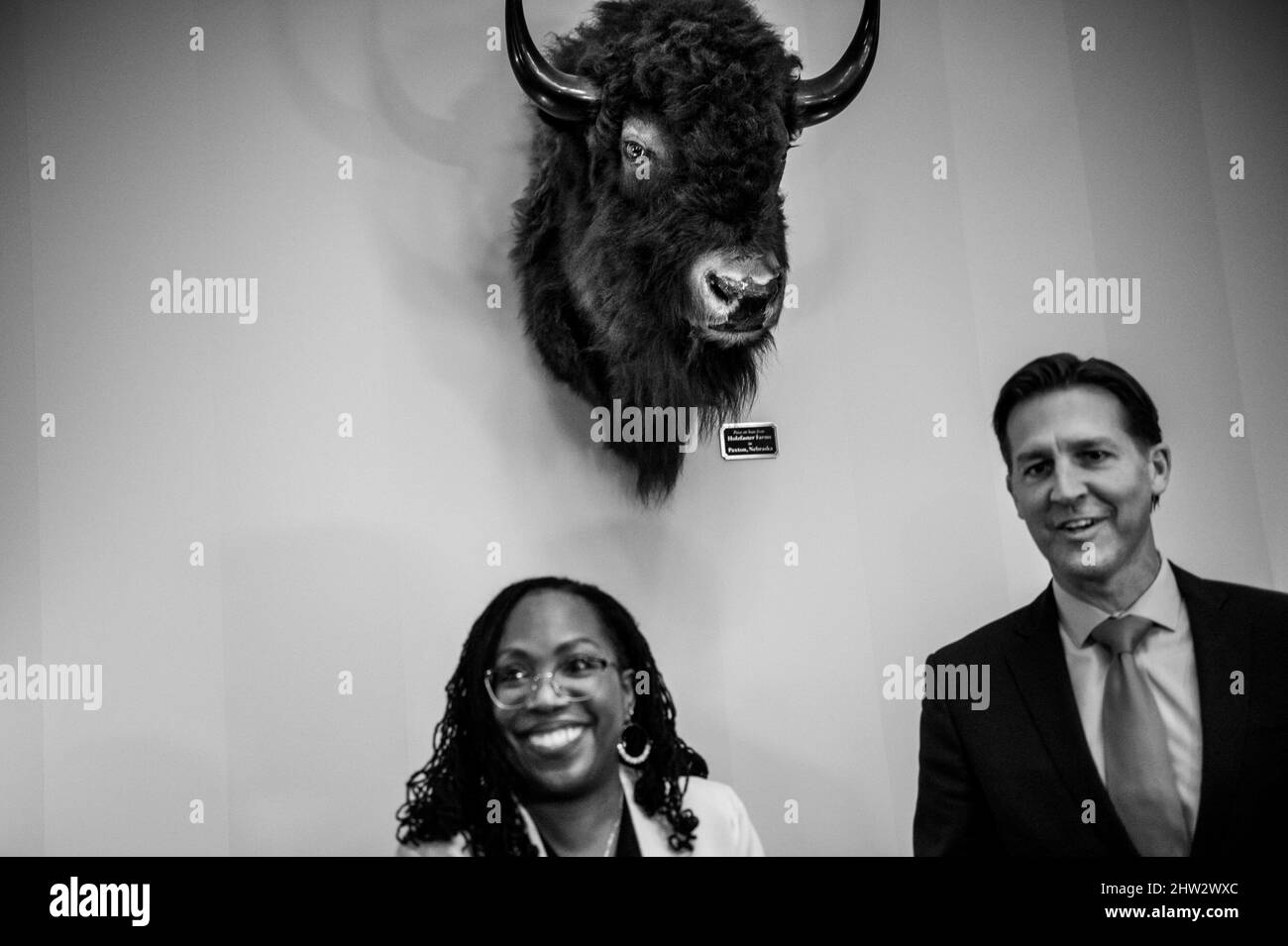 Washington, Vereinigte Staaten. 03rd mars 2022. Le sénateur américain Ben Sasse (républicain du Nebraska), à droite, rencontre le juge Ketanji Brown Jackson, nommé à la Cour suprême, dans le bureau du Sénat Russell à Washington, DC, le jeudi 3 mars 2022. Credit: Rod Lamkey/CNP/dpa/Alay Live News Banque D'Images