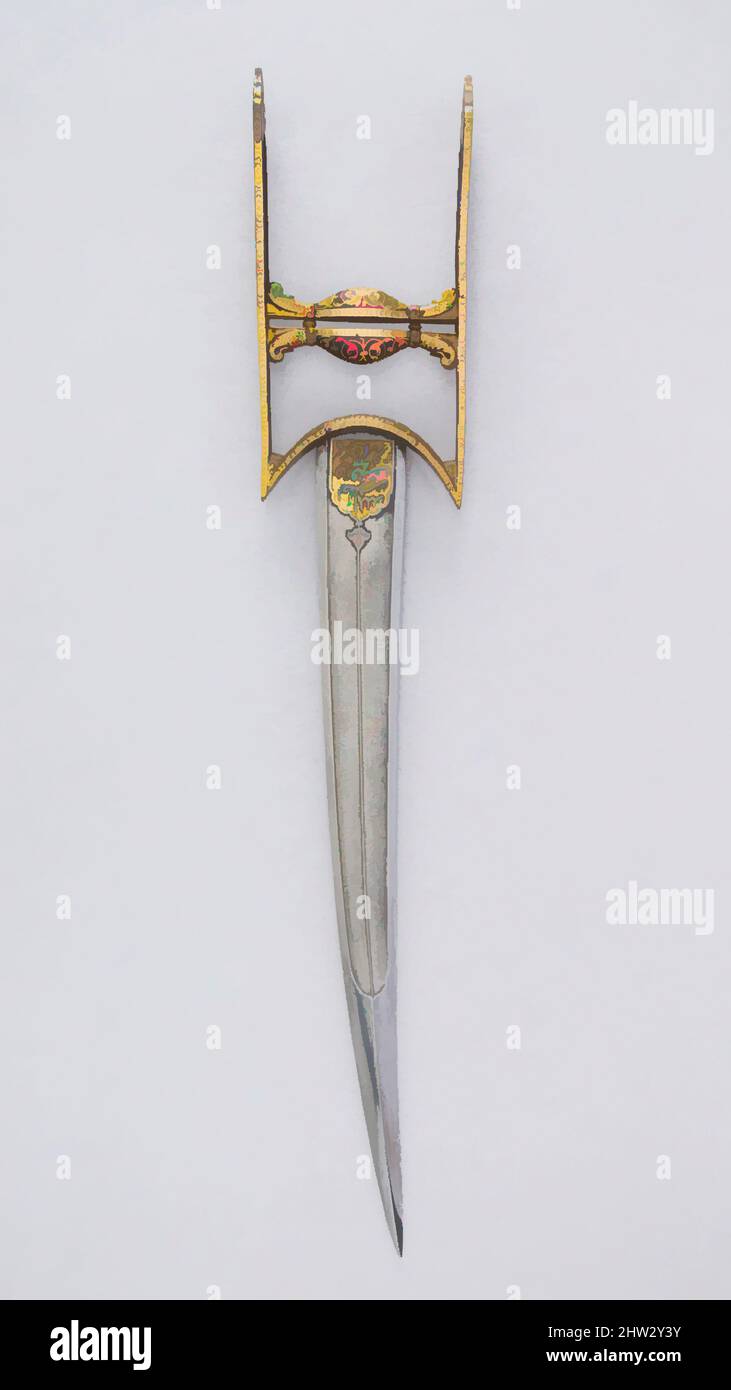 Art inspiré par Dagger (Katar), 18th siècle, Indien du Sud, Mughal, acier, Or, H. 18 7/8 po. (47,9 cm) ; avec 3 7/16 po (8,7 cm) ; poids 1 lb 0,2 oz (459,3 g), les poignards, la lame en acier arrosée a un médaillon ciselé au sommet des deux côtés décoré avec une inscription qui se lit comme suit: ', les œuvres classiques modernisées par Artotop avec un peu de modernité. Formes, couleur et valeur, impact visuel accrocheur sur l'art émotions par la liberté d'œuvres d'art d'une manière contemporaine. Un message intemporel qui cherche une nouvelle direction créative. Artistes qui se tournent vers le support numérique et créent le NFT Artotop Banque D'Images