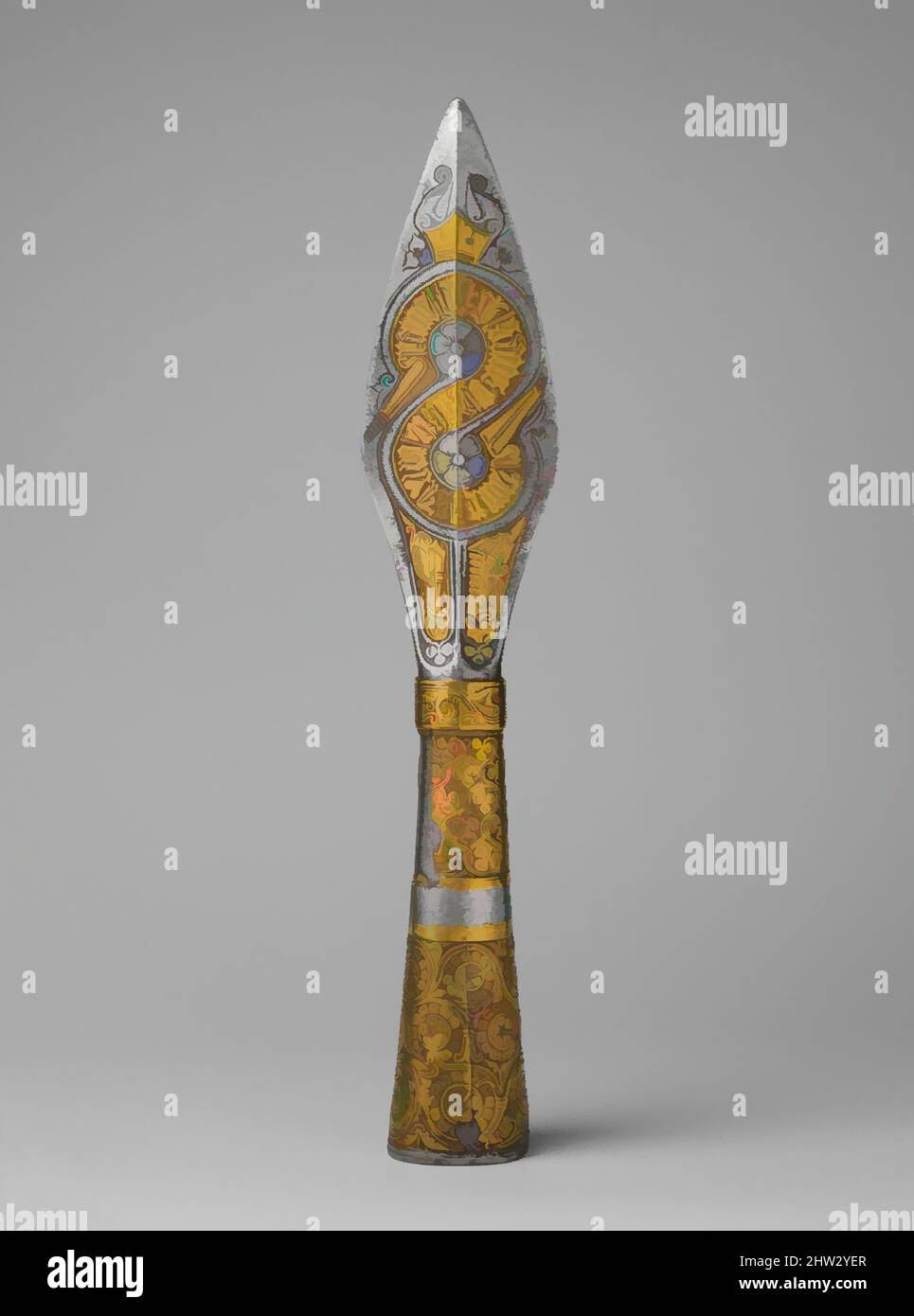 Art inspiré par le Ceremonial Arrowhead, 1437–39, probablement Prague, Bohemian, probablement Prague, Acier, alliage de cuivre, L. 12 9/16 po. (31,9 cm) ; avec 2 7/16 po (6,2 cm) ; poids 28,1 oz (797 g), équipement de tir à l'arc - flèches et divers, initialement monté sur un arbre en bois, cette œuvre classique extrêmement grande modernisée par Artotop avec une touche de modernité. Formes, couleur et valeur, impact visuel accrocheur sur l'art émotions par la liberté d'œuvres d'art d'une manière contemporaine. Un message intemporel qui cherche une nouvelle direction créative. Artistes qui se tournent vers le support numérique et créent le NFT Artotop Banque D'Images