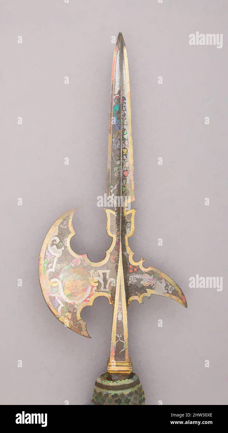 Art inspiré par Halberd avec les armoiries de William V, duc de Bavière, en date de 1582, allemand, acier, Bois (frêne), or, textile, fil métallique, L. 86 1/2 po. (219,7 cm) ; L. de la tête 19 3/4 po. (50,2 cm) ; avec 8 3/4 po (22,3 cm) ; poids 5 lb 1 oz (2300 g), Shafted Weapted Weapons, Classic œuvres modernisées par Artotop avec une touche de modernité. Formes, couleur et valeur, impact visuel accrocheur sur l'art émotions par la liberté d'œuvres d'art d'une manière contemporaine. Un message intemporel qui cherche une nouvelle direction créative. Artistes qui se tournent vers le support numérique et créent le NFT Artotop Banque D'Images
