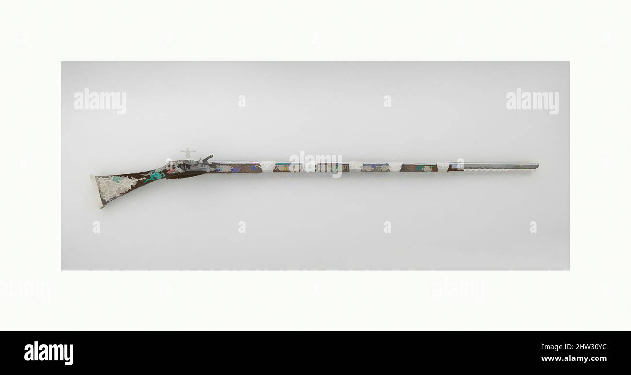Art inspiré par Miquelet Rifle d'Ali Pasha, écluse et stock, daté de A.H. 1224/A.D. 1809–10; baril, 18th siècle, écluse et stock, algérien; Fût, européen, acier, bois, argent, Alliage de cuivre, textile, L. 67 po. (170,3 cm) ; cylindre L. 50 7/8 po. (129,2 cm) ; Cal. .70 po (18,0 mm) ; poids 10, œuvres classiques modernisées par Artotop avec une touche de modernité. Formes, couleur et valeur, impact visuel accrocheur sur l'art émotions par la liberté d'œuvres d'art d'une manière contemporaine. Un message intemporel qui cherche une nouvelle direction créative. Artistes qui se tournent vers le support numérique et créent le NFT Artotop Banque D'Images