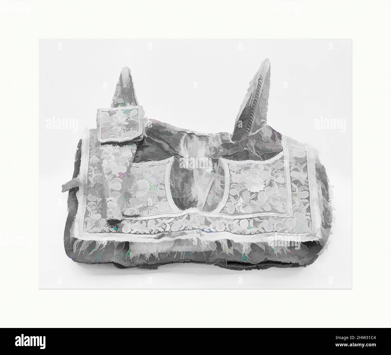 Art inspiré par Saddle, paire d'étriers, bride et pièges, ca. 1860, Tunisie, Bois, peau de porc, cuir brut, fer, feutre, peau de veau, cuir de vache, velours, Or, argent, laine, L. de selles 21 1/8 po (53,7 cm); l de la sellerie 15 1/2 po (39,4 cm) ; L. du couvercle de selle 26 po. (66,0 cm); W. of, œuvres classiques modernisées par Artotop avec une touche de modernité. Formes, couleur et valeur, impact visuel accrocheur sur l'art émotions par la liberté d'œuvres d'art d'une manière contemporaine. Un message intemporel qui cherche une nouvelle direction créative. Artistes qui se tournent vers le support numérique et créent le NFT Artotop Banque D'Images