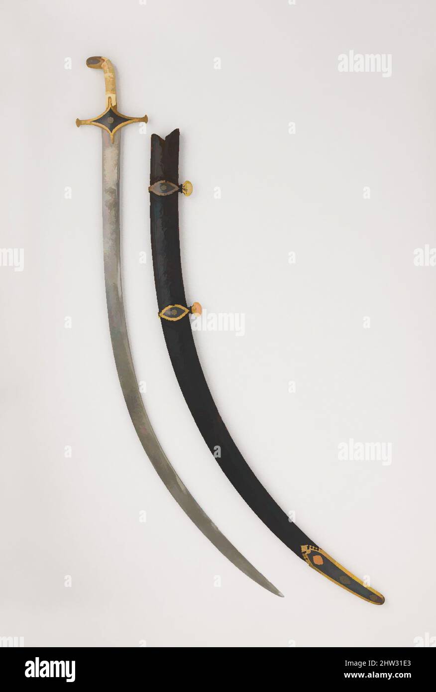 Art inspiré par le sabre avec le scabard, la lame peut-être datée de A.H. 1191/A.D. 1777–78, Perse, acier, bois, cuir, ivoire, or, L. 39 1/4 po. (99,7 cm) ; L. de la lame 32 3/4 in. (83,1 cm) ; poids 1 lb 12 oz (784 g) ; poids de 15 oz (420 g), Swords, c'est un exemple classique d'un, des œuvres classiques modernisées par Artotop avec une touche de modernité. Formes, couleur et valeur, impact visuel accrocheur sur l'art émotions par la liberté d'œuvres d'art d'une manière contemporaine. Un message intemporel qui cherche une nouvelle direction créative. Artistes qui se tournent vers le support numérique et créent le NFT Artotop Banque D'Images