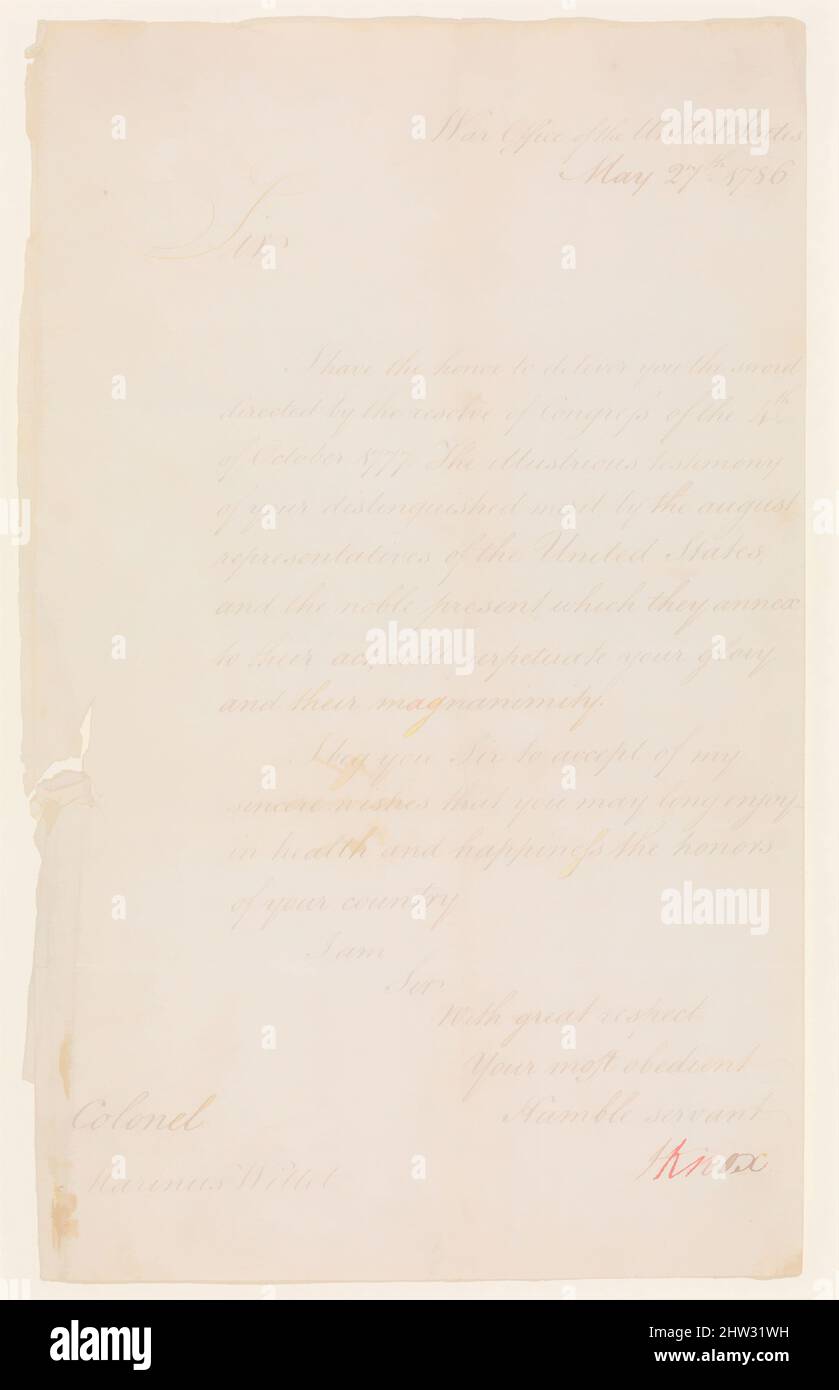 Art inspiré par la lettre de Henry KNOX (1750–1806), secrétaire de la guerre, au colonel Marinus Willet (1740–1830), datée du 27 mai 1786, American, Ink on paper, 12 1/2 x 7 7/8 po (31,7 x 20 cm), œuvres sur papier, la tradition de la présentation du Congrès épées commencé pendant l'américain, œuvres classiques modernisées par Artotop avec un peu de modernité. Formes, couleur et valeur, impact visuel accrocheur sur l'art émotions par la liberté d'œuvres d'art d'une manière contemporaine. Un message intemporel qui cherche une nouvelle direction créative. Artistes qui se tournent vers le support numérique et créent le NFT Artotop Banque D'Images