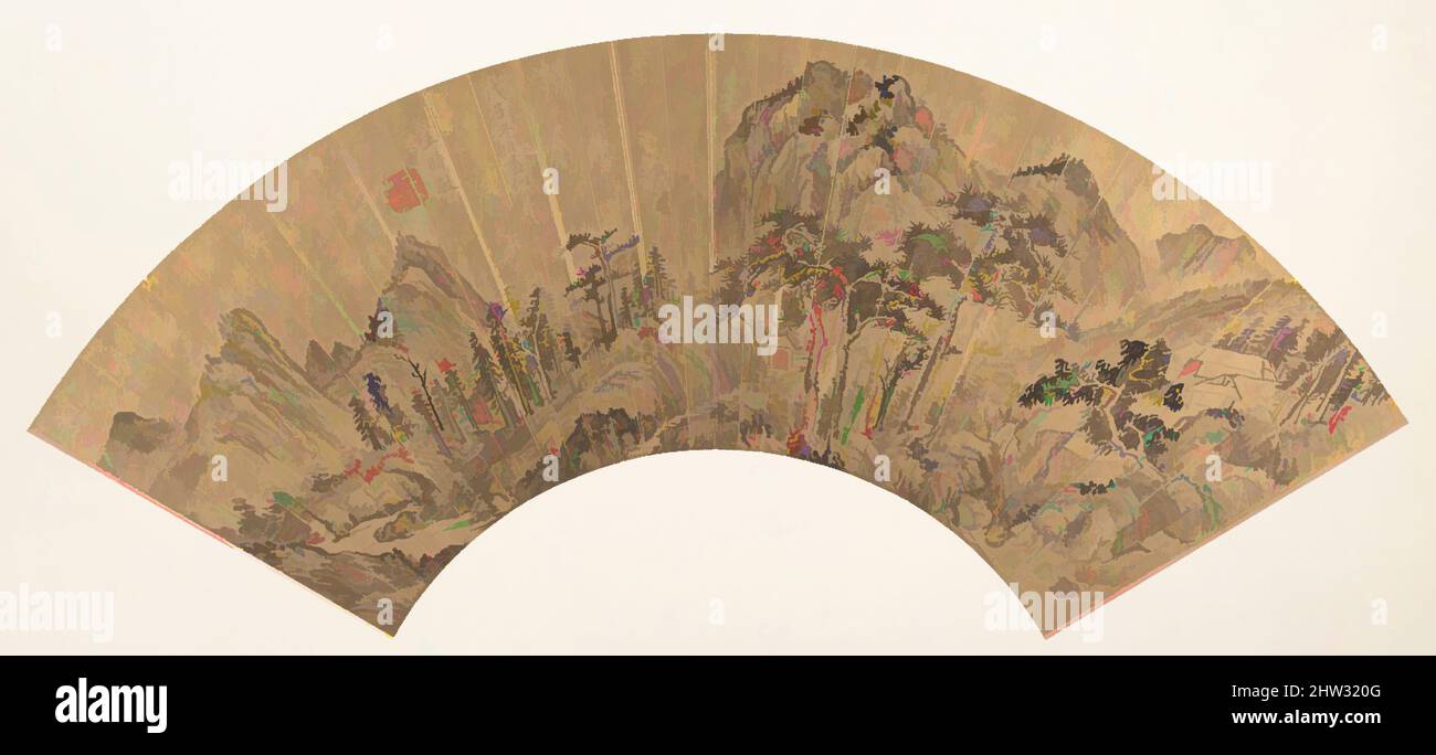 Art inspiré par Landscape, Qing Dynasty (1644–1911), 18th Century or later date of 1648, China, Fan pliable monté comme une feuille d'album; encre sur papier or, 6 1/2 x 20 1/2 po. (16,5 x 52,1 cm), peintures, artiste non identifié, d'après Wang Shimin (Chinois, 1592–1680, oeuvres classiques modernisées par Artotop avec une touche de modernité. Formes, couleur et valeur, impact visuel accrocheur sur l'art émotions par la liberté d'œuvres d'art d'une manière contemporaine. Un message intemporel qui cherche une nouvelle direction créative. Artistes qui se tournent vers le support numérique et créent le NFT Artotop Banque D'Images