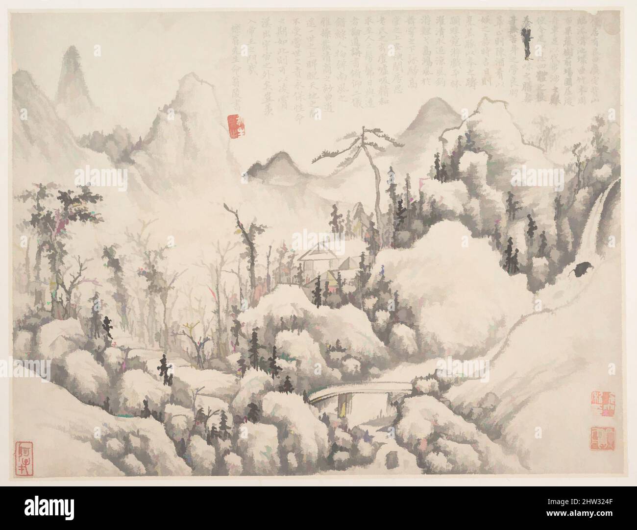 Art inspiré par 清 施霖 山莊圖 冊頁, Mountain Retreat, Qing Dynasty (1644–1911), date de 1654–55, Chine, Feuille d'un album collectif de plusieurs feuilles; encre et couleur sur papier, 9 3/4 x 12 3/4 po. (24,8 x 32,4 cm), peintures, Shi Lin (chinois, active ca. 1630–60), cette peinture et ses œuvres classiques modernisées par Artotop avec une touche de modernité. Formes, couleur et valeur, impact visuel accrocheur sur l'art émotions par la liberté d'œuvres d'art d'une manière contemporaine. Un message intemporel qui cherche une nouvelle direction créative. Artistes qui se tournent vers le support numérique et créent le NFT Artotop Banque D'Images