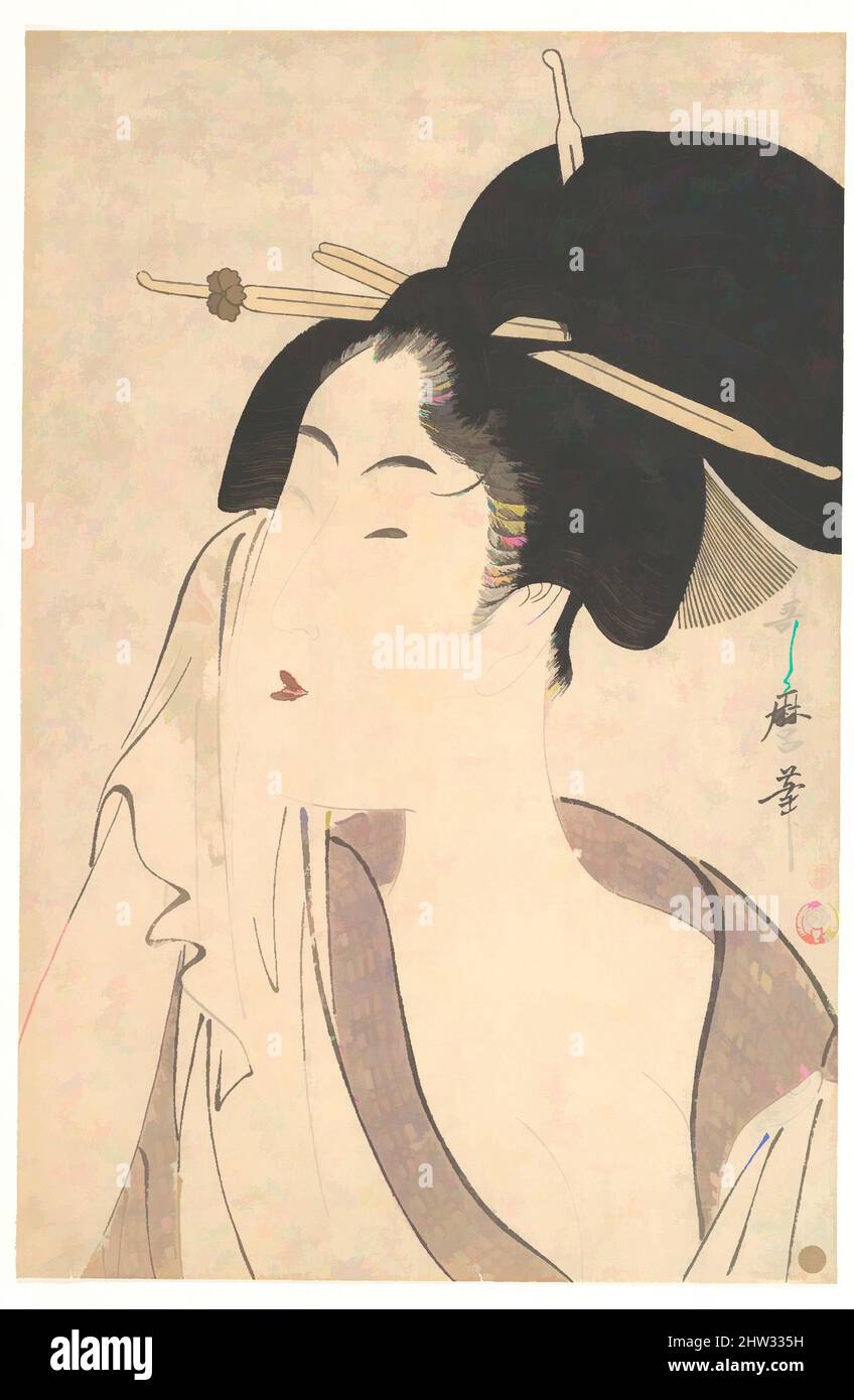 Art inspiré par une femme qui se détend après son bain, époque Edo (1615–1868), 1790s, Japon, imprimé polychrome sur bois; Encre et couleur sur papier, H. 14 5/8 po. (37,1 cm) ; avec 9 5/8 po (24,4 cm), Prints, Kitagawa Utamaro (japonais, 1753?–1806), Utamaro a été le premier artiste à utiliser okubi-e, les œuvres classiques modernisées par Artotop avec une touche de modernité. Formes, couleur et valeur, impact visuel accrocheur sur l'art émotions par la liberté d'œuvres d'art d'une manière contemporaine. Un message intemporel qui cherche une nouvelle direction créative. Artistes qui se tournent vers le support numérique et créent le NFT Artotop Banque D'Images