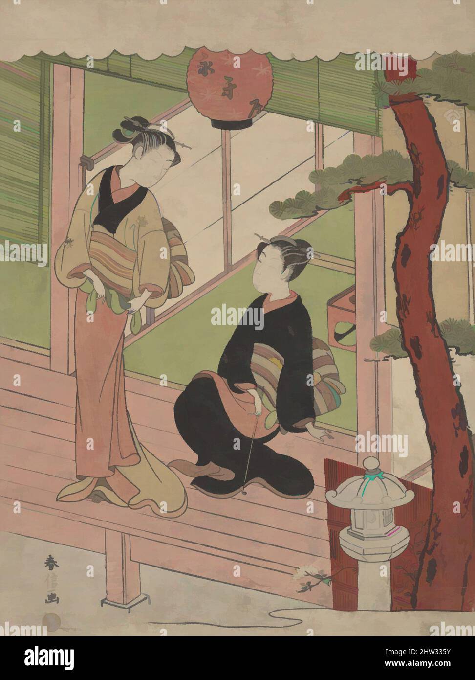 Art inspiré par deux jeunes femmes sur une Verandah, période Edo (1615–1868), vers 1766–70, Japon, imprimé polychrome en blocs de bois; encre et couleur sur papier, 11 1/4 x 8 7/16 cm (28,6 x 21,4 cm), Prints, Suzuki Harunobu (japonais, 1725–1770, oeuvres classiques modernisées par Artotop avec une touche de modernité. Formes, couleur et valeur, impact visuel accrocheur sur l'art émotions par la liberté d'œuvres d'art d'une manière contemporaine. Un message intemporel qui cherche une nouvelle direction créative. Artistes qui se tournent vers le support numérique et créent le NFT Artotop Banque D'Images