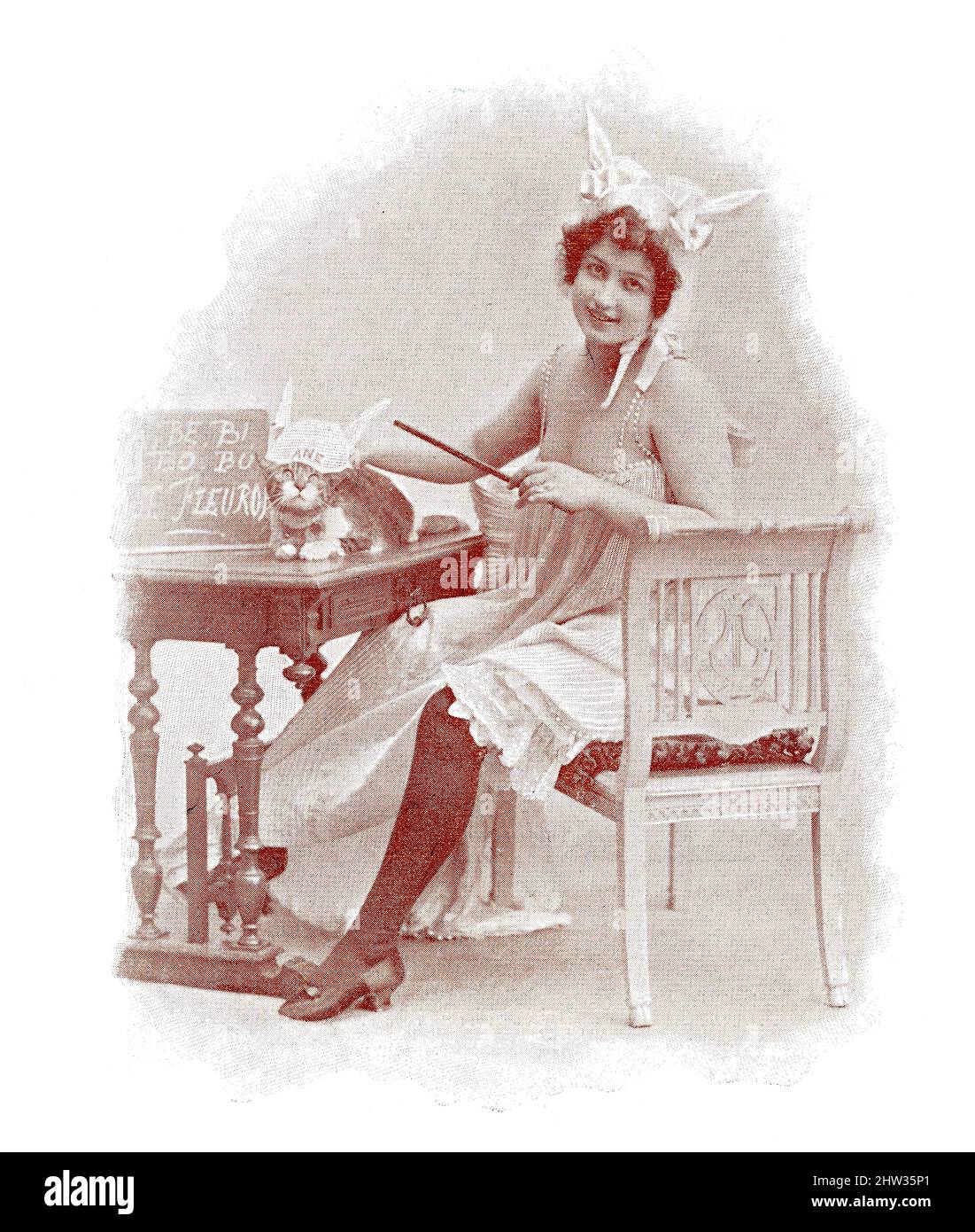 Portrait d'une actrice à l'image d'une mère de chat. Image du magazine de théâtre franco-allemand illustré « Das Album », 1898. Banque D'Images