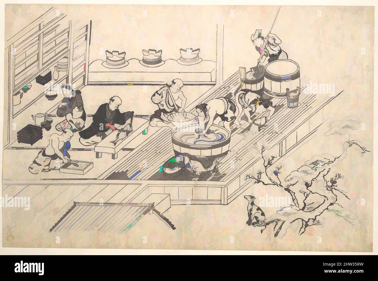 Art inspiré par la cuisine d'un Joroya., époque Edo (1615–1868), env. 1680, Japon, imprimé polychrome sur bois ; encre et couleur sur papier, 10 1/8 x 15 1/5 po. (25,7 x 38,6 cm), estampes, Hishikawa Moronobu (japonais, mort en 1694), la préparation de nourriture dans la cuisine d'un salon de thé est présentée, oeuvres classiques modernisées par Artotop avec un peu de modernité. Formes, couleur et valeur, impact visuel accrocheur sur l'art émotions par la liberté d'œuvres d'art d'une manière contemporaine. Un message intemporel qui cherche une nouvelle direction créative. Artistes qui se tournent vers le support numérique et créent le NFT Artotop Banque D'Images