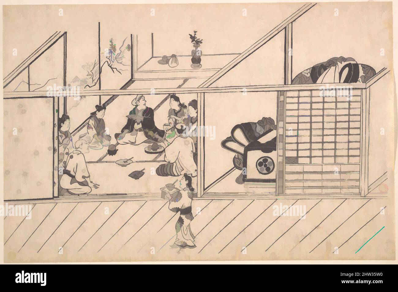Art inspiré par Un banquet dans un Joroya, période Edo (1615–1868), env. 1680, Japon, impression monochrome sur bois ; encre et couleur sur papier, 10 1/8 x 15 1/5 cm (25,7 x 38,6 cm), estampes, Hishikawa Moronobu (japonais, mort en 1694), cette fête à une maison de thé est à sa hauteur. La chambre est, les œuvres classiques modernisées par Artotop avec un peu de modernité. Formes, couleur et valeur, impact visuel accrocheur sur l'art émotions par la liberté d'œuvres d'art d'une manière contemporaine. Un message intemporel qui cherche une nouvelle direction créative. Artistes qui se tournent vers le support numérique et créent le NFT Artotop Banque D'Images