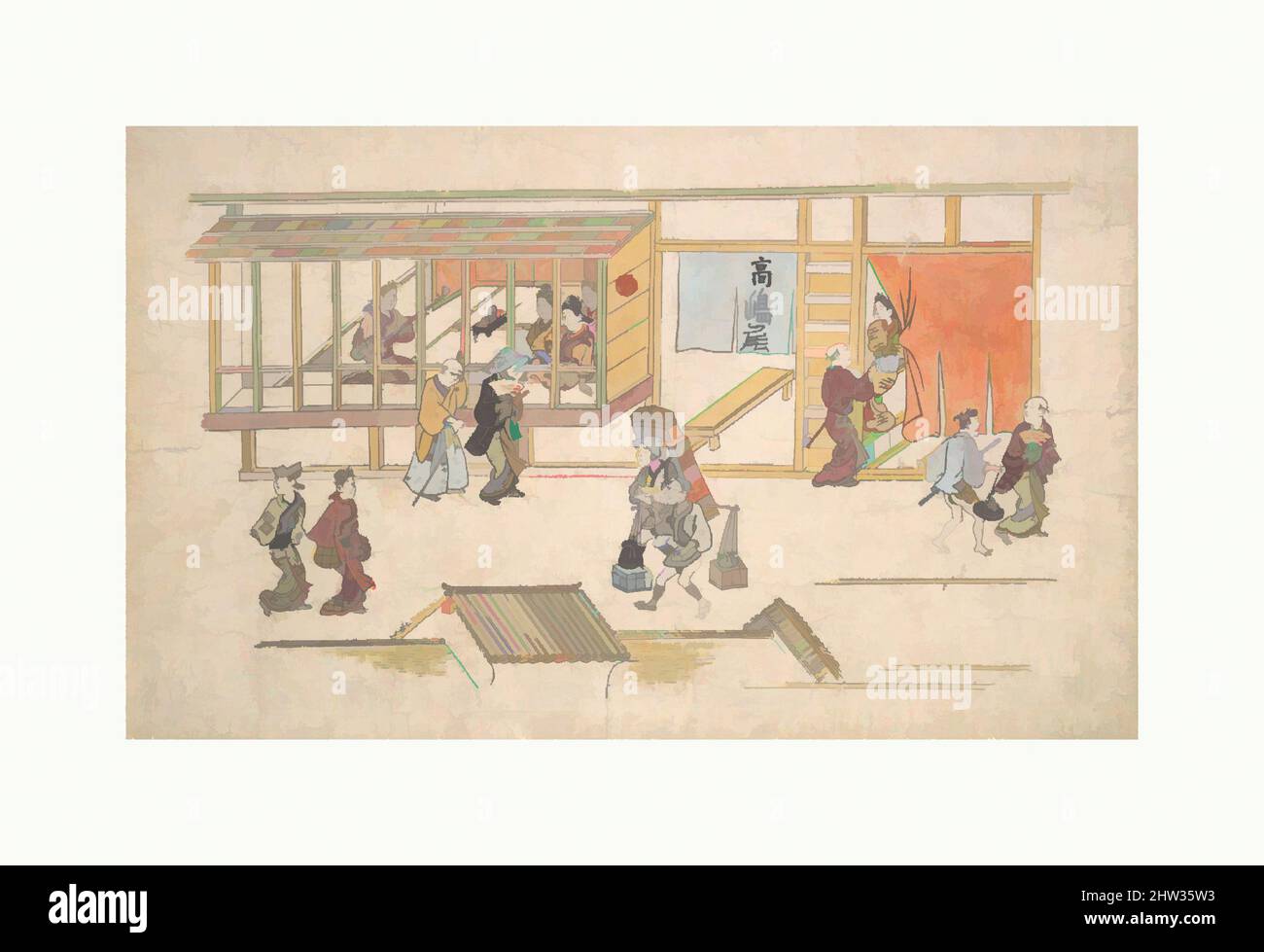 Art inspiré par la scène dans le Yoshiwara, période Edo (1615–1868), env. 1680, Japon, imprimé polychrome sur bois ; encre et couleur sur papier, 11 1/4 x 17 31/32 po. (28,6 x 45,7 cm), estampes, Hishikawa Moronobu (japonais, mort en 1694), les courtesans sont vus de la rue à travers un bois barré, les œuvres classiques modernisées par Artotop avec une touche de modernité. Formes, couleur et valeur, impact visuel accrocheur sur l'art émotions par la liberté d'œuvres d'art d'une manière contemporaine. Un message intemporel qui cherche une nouvelle direction créative. Artistes qui se tournent vers le support numérique et créent le NFT Artotop Banque D'Images