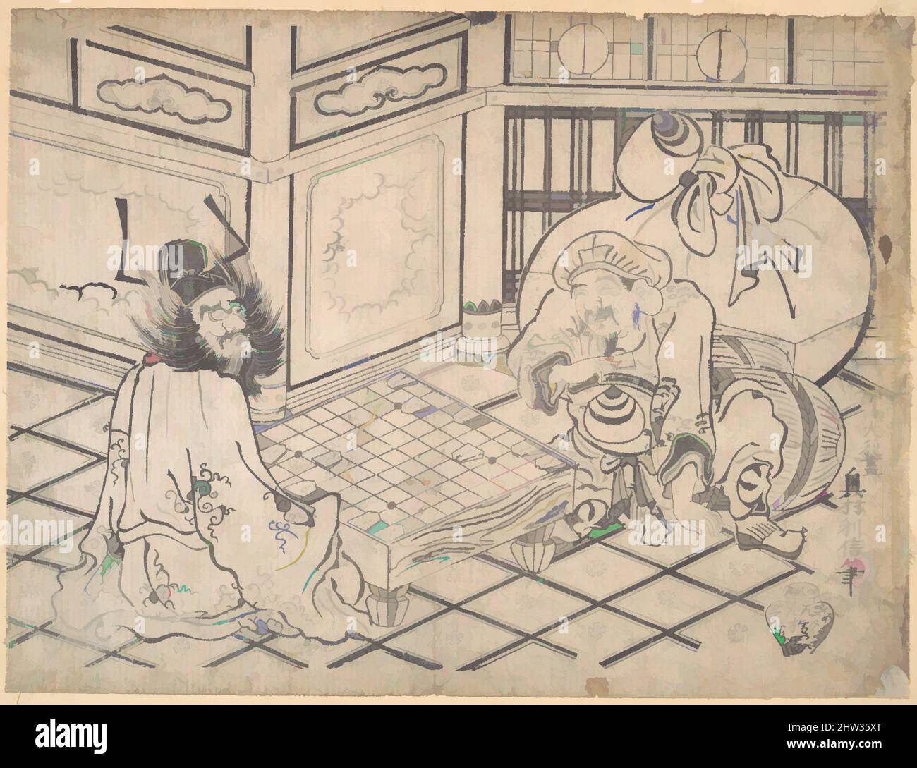 Art inspiré par Daikoku et Shoki jouant aux échecs, période Edo (1615–1868), ca. 1730, Japon, impression monochrome sur bois ; encre et couleur sur papier, 9 x 12 cm (22,9 x 30,5 cm), tirages, Okumura Toshinobu (active ca. 1725–1750), représentations pleines d'esprit des différents dieux du bon d'inspiration chinoise, œuvres classiques modernisées par Artotop avec une touche de modernité. Formes, couleur et valeur, impact visuel accrocheur sur l'art émotions par la liberté d'œuvres d'art d'une manière contemporaine. Un message intemporel qui cherche une nouvelle direction créative. Artistes qui se tournent vers le support numérique et créent le NFT Artotop Banque D'Images