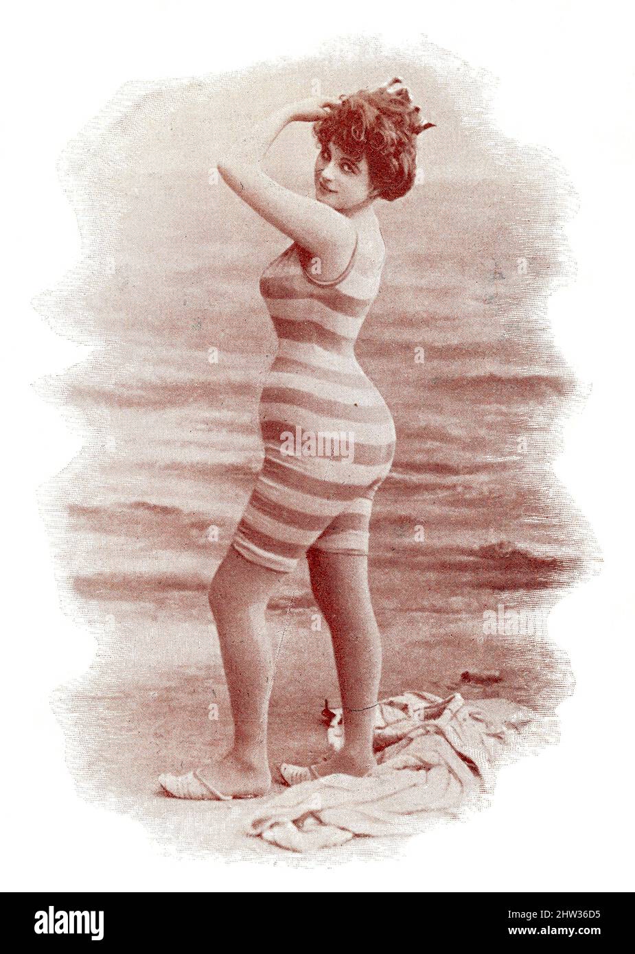 Les naiads parisiens. Portrait d'une femme sur la plage dans un maillot de bain. Image du magazine de théâtre franco-allemand illustré « Das Album », 1898. Banque D'Images