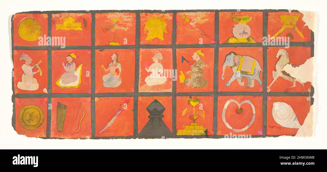 Art inspiré par les symboles de la Chakravartin: Folio d'un manuscrit de Digambara, peut-être le Shalibhadra, fin du 17th siècle, Inde (Rajasthan, Marwar), Encre et aquarelle opaque sur papier, 4 1/4 x 9 15/16 cm (10,8 x 25,2 cm), peintures, Jina sont régulièrement éuloganisés en termes de, oeuvres classiques modernisées par Artotop avec un peu de modernité. Formes, couleur et valeur, impact visuel accrocheur sur l'art émotions par la liberté d'œuvres d'art d'une manière contemporaine. Un message intemporel qui cherche une nouvelle direction créative. Artistes qui se tournent vers le support numérique et créent le NFT Artotop Banque D'Images
