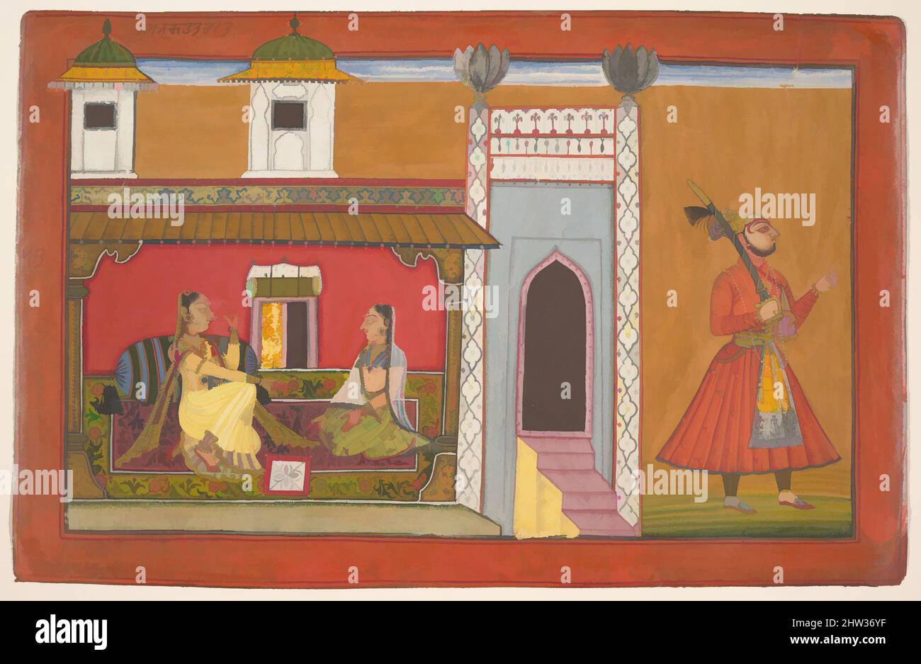 Art inspiré par Un courtesan et son Lover séparés par un quarrel: Page d'une série Rasamanjari, datée de 1694–95, Inde (Punjab Hills, Basohli), aquarelle opaque, Encre, argent et or sur papier, total : 8 5/8 x 12 3/4in. (21,9 x 32,4cm), peintures, Démidasa de Nurpur (active ca. 1680–, œuvres classiques modernisées par Artotop avec une touche de modernité. Formes, couleur et valeur, impact visuel accrocheur sur l'art émotions par la liberté d'œuvres d'art d'une manière contemporaine. Un message intemporel qui cherche une nouvelle direction créative. Artistes qui se tournent vers le support numérique et créent le NFT Artotop Banque D'Images