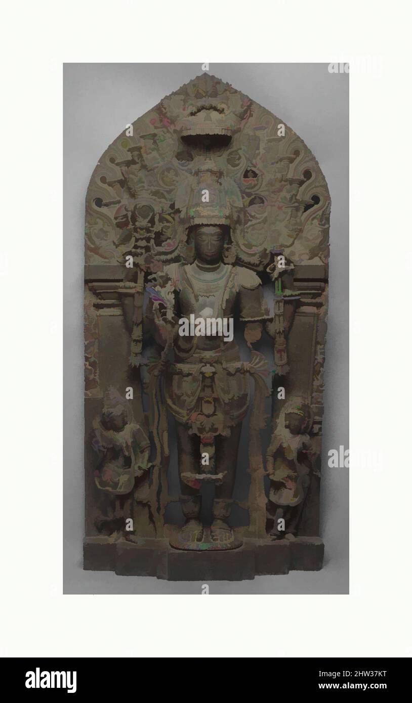 Art inspiré par le Vishnu debout comme Keshava, période Hoysala, premier quart du 12th siècle, Inde (Karnataka, probablement Belur), Pierre, H. 56 1/2 in. (143,5 cm) ; avec 28 po (71,1 cm), Sculpture, Dasoja de Baligrama, Un texte hindou favorisé par les Hoysaras cite vingt-quatre noms pour, oeuvres classiques modernisées par Artotop avec un peu de modernité. Formes, couleur et valeur, impact visuel accrocheur sur l'art émotions par la liberté d'œuvres d'art d'une manière contemporaine. Un message intemporel qui cherche une nouvelle direction créative. Artistes qui se tournent vers le support numérique et créent le NFT Artotop Banque D'Images