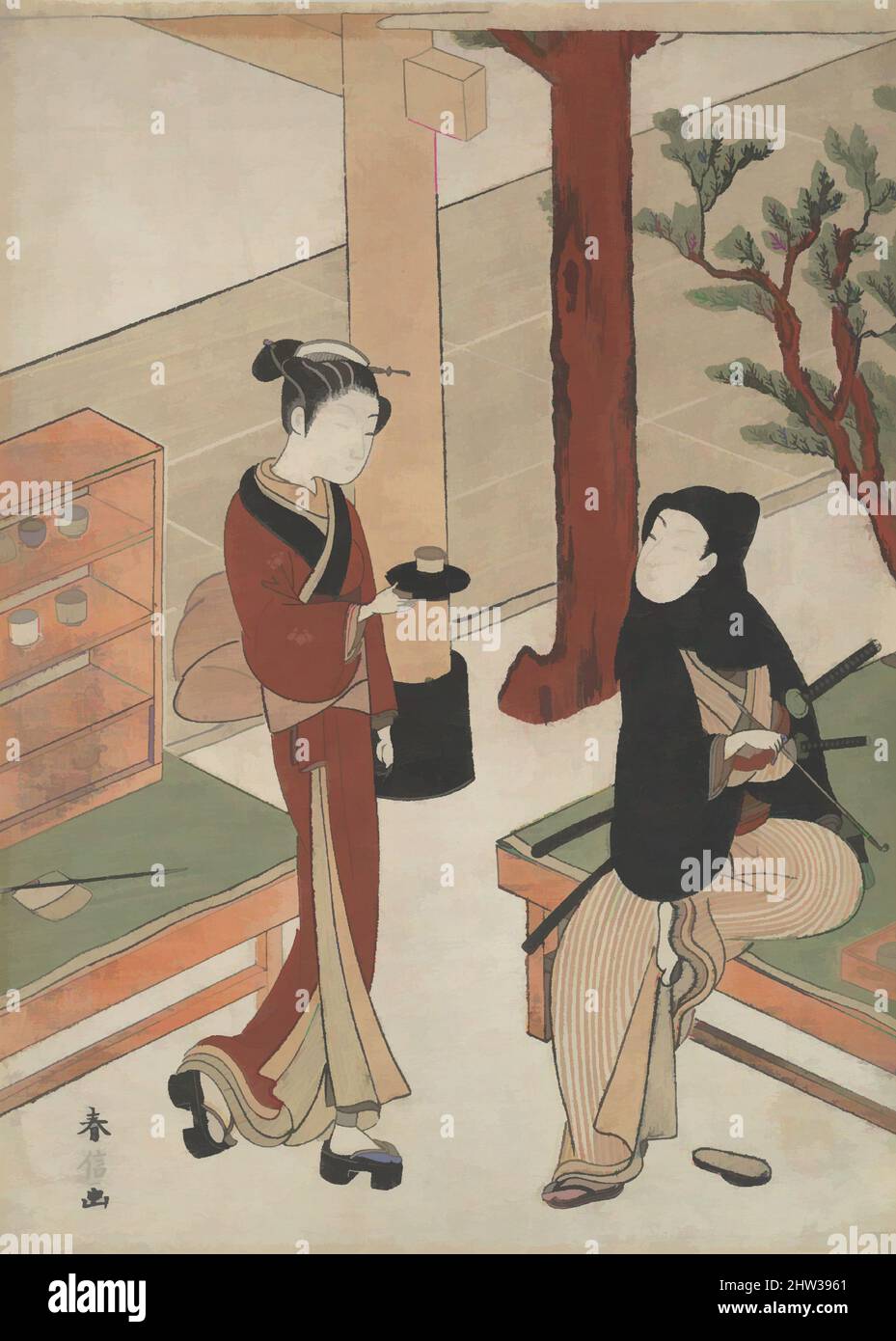 Art inspiré par Osen attendant un jeune Samurai, période Edo (1615–1868), env. 1770, Japon, imprimé polychrome sur bois ; encre et couleur sur papier, 10 3/4 x 7 7/8 po. (27,3 x 20 cm), Prints, Suzuki Harunobu (japonais, 1725–1770), la crête familiale de paulownia sur son kimono et partiellement, les œuvres classiques modernisées par Artotop avec un peu de modernité. Formes, couleur et valeur, impact visuel accrocheur sur l'art émotions par la liberté d'œuvres d'art d'une manière contemporaine. Un message intemporel qui cherche une nouvelle direction créative. Artistes qui se tournent vers le support numérique et créent le NFT Artotop Banque D'Images