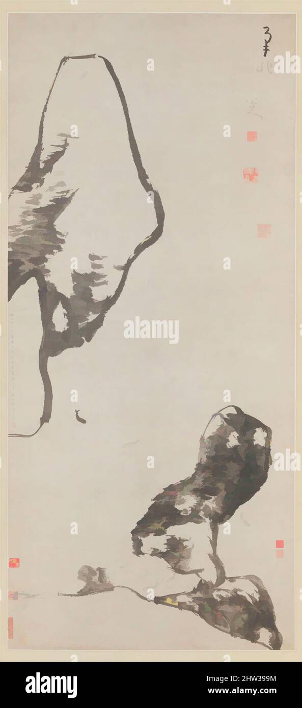 Art inspiré par 清 八大山人（朱耷） 魚石圖 軸, Fish and Rocks, Qing Dynasty (1644–1911), daté de 1699, Chine, Rouleau suspendu ; encre sur papier, image : 53 1/4 x 24 cm (135,3 x 61 cm), peintures, Bada Shanren (Zhu Da) (Chinois, 1626–1705), pour déguiser son identité, Zhu Da, scion de l'impérial Ming, oeuvres classiques modernisées par Artotop avec une touche de modernité. Formes, couleur et valeur, impact visuel accrocheur sur l'art émotions par la liberté d'œuvres d'art d'une manière contemporaine. Un message intemporel qui cherche une nouvelle direction créative. Artistes qui se tournent vers le support numérique et créent le NFT Artotop Banque D'Images