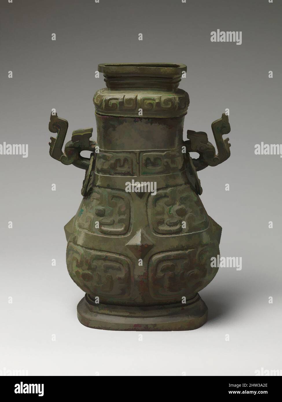 Art inspiré par 西周 青銅壺, Wine Vessel (Hu), Western Zhou Dynasty (1046–771 av. J.-C.), fin 9th–début 8th siècle av. J.-C., Chine, Bronze, H. 21 1/2 po. (54,6 cm) ; avec 14 3/4 po (37,5 cm), Metalwork, comme le masque animal de Shang a perdu son sens symbolique sous le Zhou, il a dissous dans un, classique œuvres modernisées par Artotop avec un peu de modernité. Formes, couleur et valeur, impact visuel accrocheur sur l'art émotions par la liberté d'œuvres d'art d'une manière contemporaine. Un message intemporel qui cherche une nouvelle direction créative. Artistes qui se tournent vers le support numérique et créent le NFT Artotop Banque D'Images