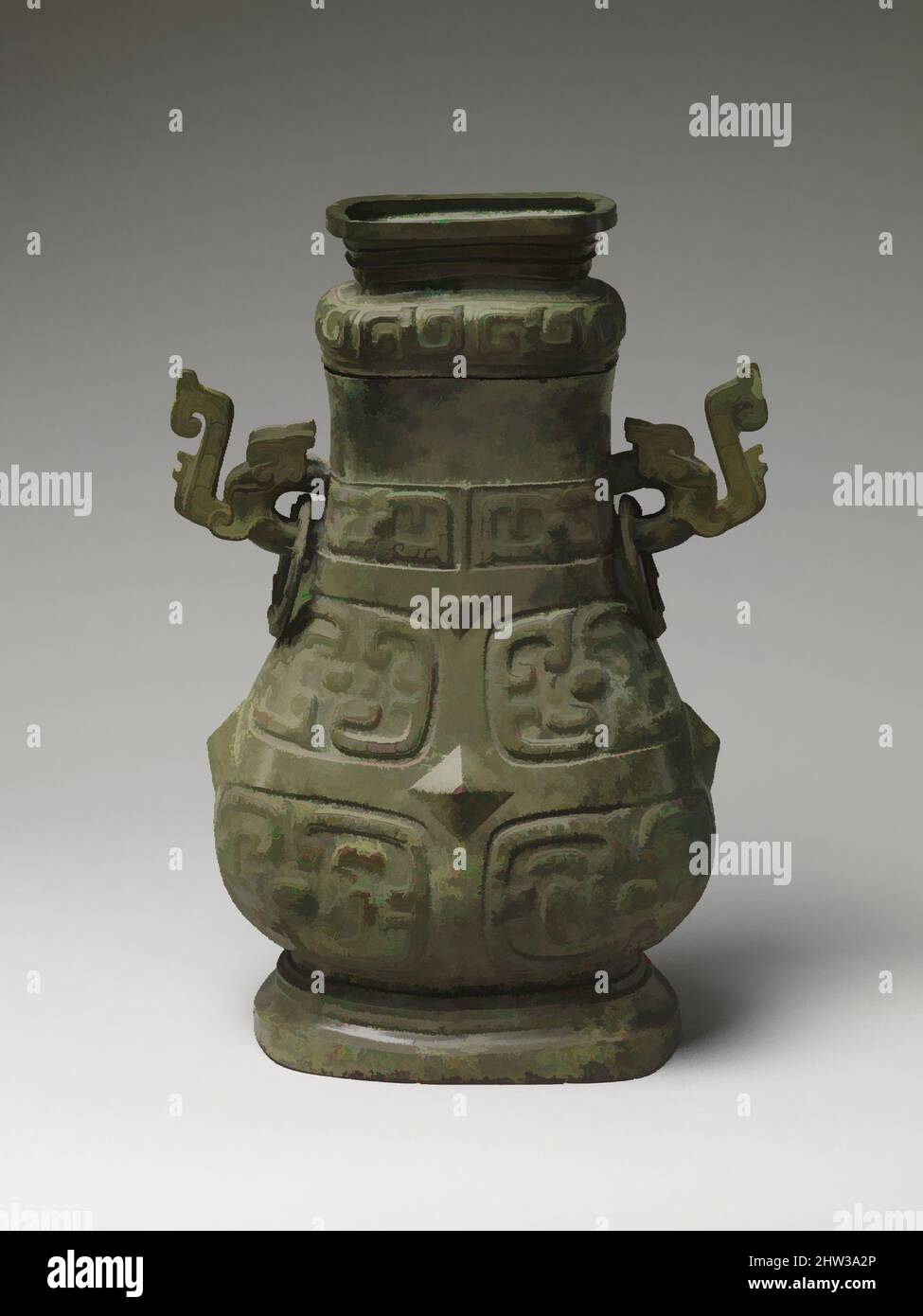 Art inspiré par 西周 青銅壺, Wine Vessel (Hu), Western Zhou Dynasty (1046–771 av. J.-C.), fin 9th–début 8th siècle av. J.-C., Chine, Bronze, H. 21 3/4 po. (55,2 cm) ; avec 14 3/4 po (37,5 cm), Metalwork, comme le masque animal de Shang a perdu son sens symbolique sous le Zhou, il a dissous dans un, classique œuvres modernisées par Artotop avec un peu de modernité. Formes, couleur et valeur, impact visuel accrocheur sur l'art émotions par la liberté d'œuvres d'art d'une manière contemporaine. Un message intemporel qui cherche une nouvelle direction créative. Artistes qui se tournent vers le support numérique et créent le NFT Artotop Banque D'Images