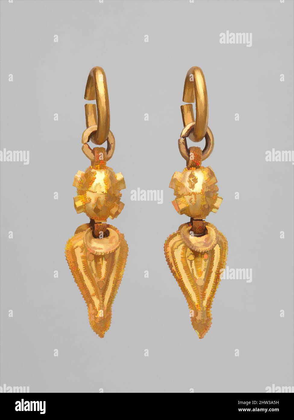 Art inspiré par 금제 귀걸이 삼국, 金製耳飾 三國, Earring (un de deux), période de trois royaumes, Royaume de Silla (57 B.C.–A.D. 676), 6th siècle, Corée, Or, L. 3 1/8 po. (7,9cm), bijoux, boucles d'oreille d'or ont été portés par les hommes et les femmes de l'élite de Silla et Gaya et sont le type le plus répandu, les œuvres classiques modernisées par Artotop avec un peu de modernité. Formes, couleur et valeur, impact visuel accrocheur sur l'art émotions par la liberté d'œuvres d'art d'une manière contemporaine. Un message intemporel qui cherche une nouvelle direction créative. Artistes qui se tournent vers le support numérique et créent le NFT Artotop Banque D'Images