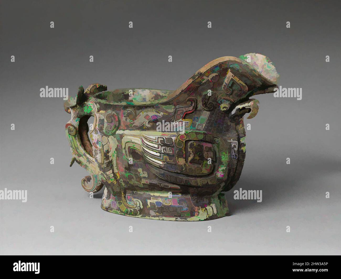Art inspiré par 商 青銅觥, vaisseau à vin piqué (Gong), dynastie Shang (ca. 1600–1046 C.-B.), 13th Century C.-B., Chine (province de Henan, éventuellement Anyang), Bronze, H. 8 1/2 po (21,6 cm), Metalwork, chaque surface de ce bateau est animée avec des créatures fantastiques: Un oiseau hibou avec des spirales, oeuvres classiques modernisées par Artotop avec un peu de modernité. Formes, couleur et valeur, impact visuel accrocheur sur l'art émotions par la liberté d'œuvres d'art d'une manière contemporaine. Un message intemporel qui cherche une nouvelle direction créative. Artistes qui se tournent vers le support numérique et créent le NFT Artotop Banque D'Images