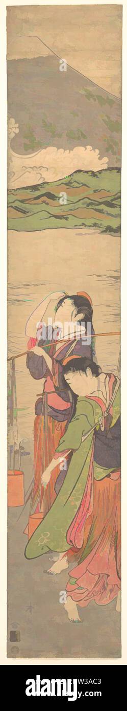 Art inspiré par Shiokumi, Dance of the Beach Maidens, époque Edo (1615–1868), fin du 18th siècle, Japon, imprimé en polychrome sur bois; Encre et couleur sur papier, image : 25 3/4 x 4 9/16 po. (65,4 x 11,6 cm), Prints, Torii Kiyonaga (japonais, 1752–1815), bien que l'histoire de Narihira soit devenue a, les œuvres classiques modernisées par Artotop avec une touche de modernité. Formes, couleur et valeur, impact visuel accrocheur sur l'art émotions par la liberté d'œuvres d'art d'une manière contemporaine. Un message intemporel qui cherche une nouvelle direction créative. Artistes qui se tournent vers le support numérique et créent le NFT Artotop Banque D'Images