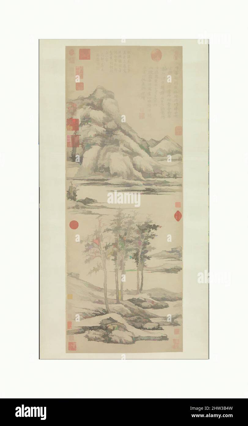 Art inspiré par 元 倪瓚 虞山林壑圖 軸, les bois et les vallées du mont Yu, dynastie Yuan (1271–1368), daté de 1372, Chine, rouleau suspendu; Encre sur papier, image : 37 1/4 x 14 1/8 po. (94,6 x 35,9 cm), peintures, ni Zan (chinois, 1306–1374), en 1366, Ni Zan a abandonné sa maison pour échapper aux soldats en marauding, les œuvres classiques modernisées par Artotop avec un peu de modernité. Formes, couleur et valeur, impact visuel accrocheur sur l'art émotions par la liberté d'œuvres d'art d'une manière contemporaine. Un message intemporel qui cherche une nouvelle direction créative. Artistes qui se tournent vers le support numérique et créent le NFT Artotop Banque D'Images