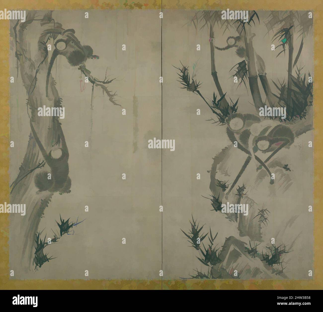 Art inspiré par Monkeys on Rocks and Trees, époque Edo (1615–1868), 17th Century, Japon, écran rabattable à deux panneaux; encre sur papier, 59 1/4 x 66 7/16 cm (150,5 x 168,8 cm), écrans, attribués à Sesson Shūkei (env. 1504 environ 1589, œuvres classiques modernisées par Artotop avec une touche de modernité. Formes, couleur et valeur, impact visuel accrocheur sur l'art émotions par la liberté d'œuvres d'art d'une manière contemporaine. Un message intemporel qui cherche une nouvelle direction créative. Artistes qui se tournent vers le support numérique et créent le NFT Artotop Banque D'Images