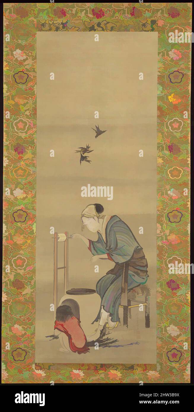 Art inspiré par Woman Spinning Silk, période Edo (1615–1868), daté de 1790, Japon, rouleau suspendu; Encre et couleur sur soie, image : 33 3/4 × 12 5/16 po. (85,8 × 31,3 cm), peintures, Katsushika Hokusai (japonais, Tokyo (Edo) 1760–1849 Tokyo (Edo, œuvres classiques modernisées par Artotop avec une touche de modernité. Formes, couleur et valeur, impact visuel accrocheur sur l'art émotions par la liberté d'œuvres d'art d'une manière contemporaine. Un message intemporel qui cherche une nouvelle direction créative. Artistes qui se tournent vers le support numérique et créent le NFT Artotop Banque D'Images