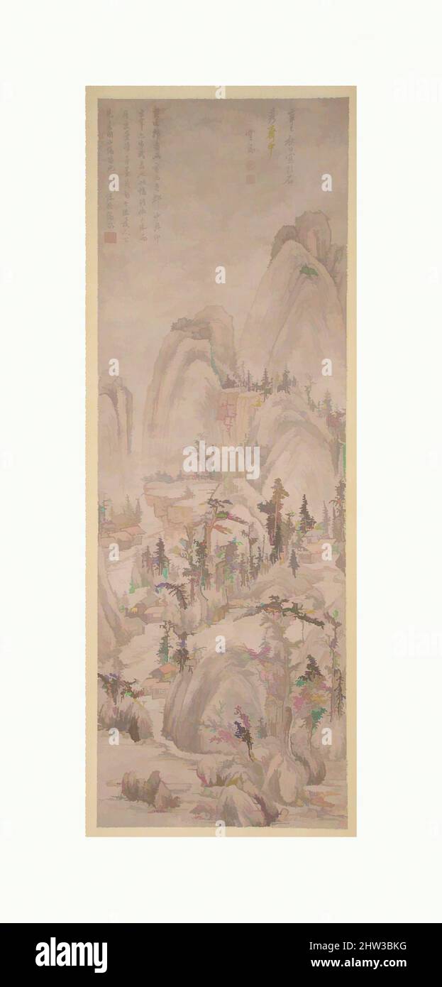 Art inspiré par 明, 莫是龍, 倣黃公望山水圖, 軸, Paysage dans le style de Huang Gongwang, dynastie Ming (1368–1644), daté de 1581, Chine, rouleau suspendu; Encre et couleur sur papier, image : 46 7/8 x 16 1/8 po. (119,1 x 41 cm), peintures, Mo Shilong (chinois, 1537–1587), ce grand rouleau suspendu montre Mo, œuvres classiques modernisées par Artotop avec une touche de modernité. Formes, couleur et valeur, impact visuel accrocheur sur l'art émotions par la liberté d'œuvres d'art d'une manière contemporaine. Un message intemporel qui cherche une nouvelle direction créative. Artistes qui se tournent vers le support numérique et créent le NFT Artotop Banque D'Images