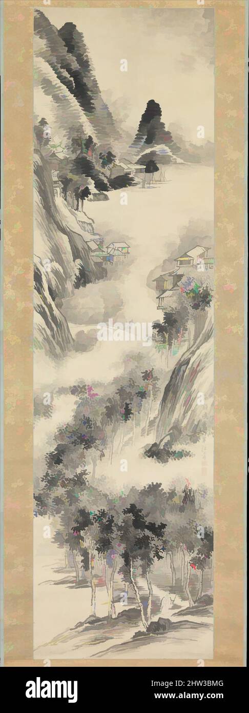 Art inspiré par Misty Dawn at the Seashore, époque Edo (1615–1868), 19th Century, Japon, suspension de défilement; Encre et couleur sur papier, image : 68 1/2 x 18 7/8 po. (174 x 47,9 cm), peintures, Okada Hankō (japonais, 1782–1846), ce doux, Une image sans prétention dépeint un village de bord de mer à l'aube, les œuvres classiques modernisées par Artotop avec un peu de modernité. Formes, couleur et valeur, impact visuel accrocheur sur l'art émotions par la liberté d'œuvres d'art d'une manière contemporaine. Un message intemporel qui cherche une nouvelle direction créative. Artistes qui se tournent vers le support numérique et créent le NFT Artotop Banque D'Images