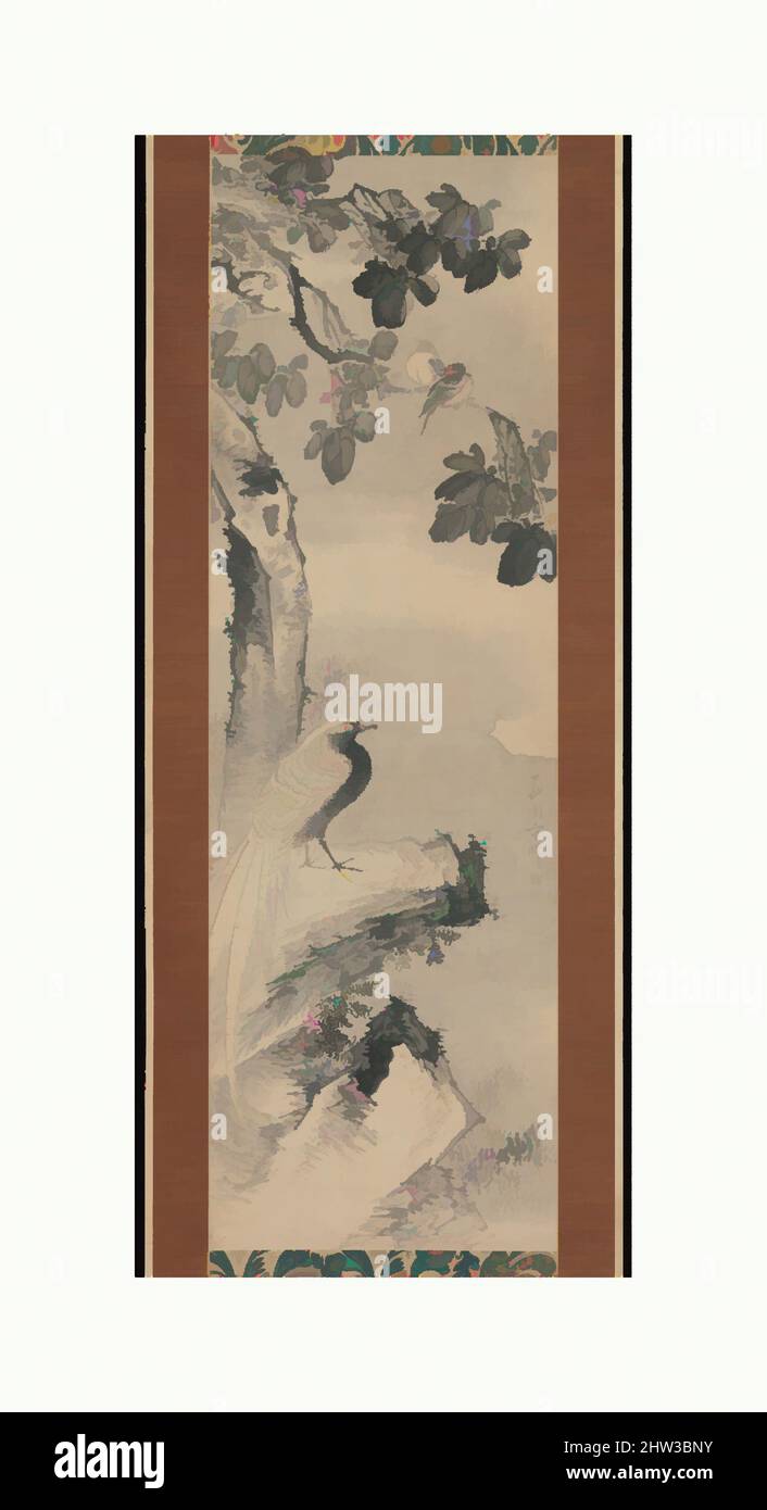Art inspiré par 西園方済筆 梧桐下錦鶏図, faisan sous l'arbre Paulownia, époque Edo (1615–1868), 18th siècle, Japon, défilement suspendu; encre sur papier, 38 1/2 x 12 3/16 cm (97,8 x 30,9 cm), peintures, Saien Hōsai (Xiyua Fangqi) (1736?–?1795), Un faisan unique se dresse sur un affleurement de rochers, oeuvres classiques modernisées par Artotop avec une touche de modernité. Formes, couleur et valeur, impact visuel accrocheur sur l'art émotions par la liberté d'œuvres d'art d'une manière contemporaine. Un message intemporel qui cherche une nouvelle direction créative. Artistes qui se tournent vers le support numérique et créent le NFT Artotop Banque D'Images