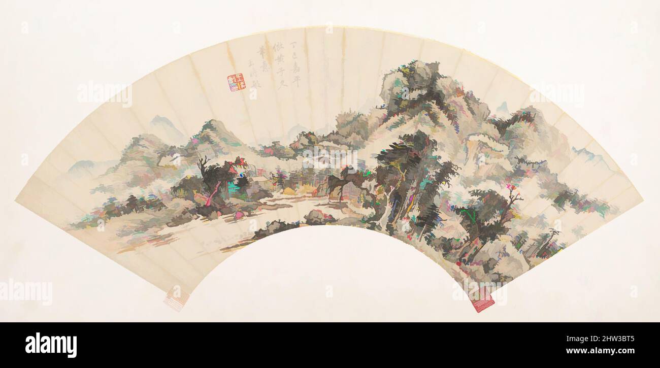 Art inspiré par le paysage d'après Huang Gongwang, Qing Dynasty (1644–1911), daté de 1677, Chine, ventilateur pliable monté comme une feuille d'album; encre et couleur sur papier blanc, 6 3/16 x 19 1/2 po. (15,7 x 49,5 cm), peintures, Wang Shimin (Chinois, 1592–1680, oeuvres classiques modernisées par Artotop avec une touche de modernité. Formes, couleur et valeur, impact visuel accrocheur sur l'art émotions par la liberté d'œuvres d'art d'une manière contemporaine. Un message intemporel qui cherche une nouvelle direction créative. Artistes qui se tournent vers le support numérique et créent le NFT Artotop Banque D'Images