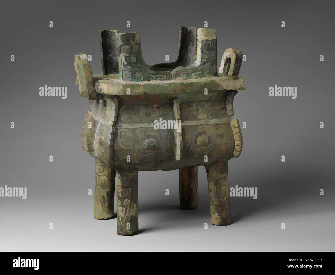 Art inspiré par 商 青銅方鼎及俎蓋, Chaudron rectangulaire (Fangding) avec couvercle (zu), dynastie Shang (ca. 1600–1046 C.-B.), 11th Century C.-B., Chine, Bronze incrusté de pigment noir, H. 13 po. (33 cm) ; avec 9 po (22,9 cm) ; D. 12 1/2 po (31,8 cm), Metalwork, le couvercle de ce navire, une fois inversé, les œuvres classiques modernisées par Artotop avec une touche de modernité. Formes, couleur et valeur, impact visuel accrocheur sur l'art émotions par la liberté d'œuvres d'art d'une manière contemporaine. Un message intemporel qui cherche une nouvelle direction créative. Artistes qui se tournent vers le support numérique et créent le NFT Artotop Banque D'Images