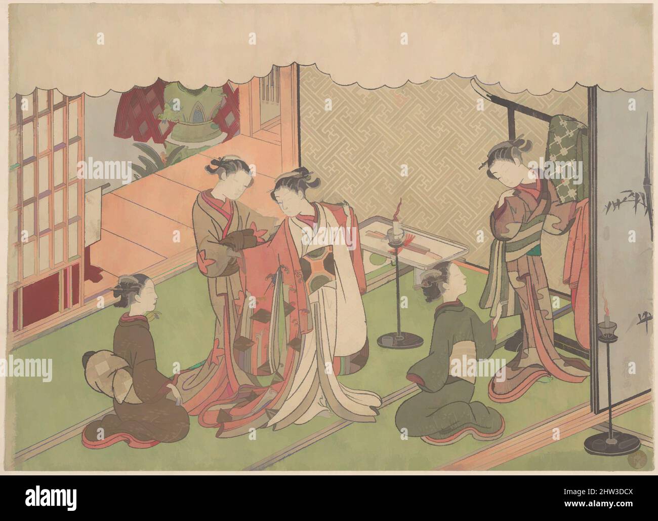 Art inspiré par la cérémonie du mariage, période Edo (1615–1868), probablement 1768, Japon, imprimé polychrome sur bois; Encre et couleur sur papier, H. 8 1/8 po. (20,6 cm) ; avec 11 1/4 po (28,6 cm), Prints, Suzuki Harunobu (japonais, 1725–1770), d'une série narrative de sept feuilles décrivant, les œuvres classiques modernisées par Artotop avec une touche de modernité. Formes, couleur et valeur, impact visuel accrocheur sur l'art émotions par la liberté d'œuvres d'art d'une manière contemporaine. Un message intemporel qui cherche une nouvelle direction créative. Artistes qui se tournent vers le support numérique et créent le NFT Artotop Banque D'Images