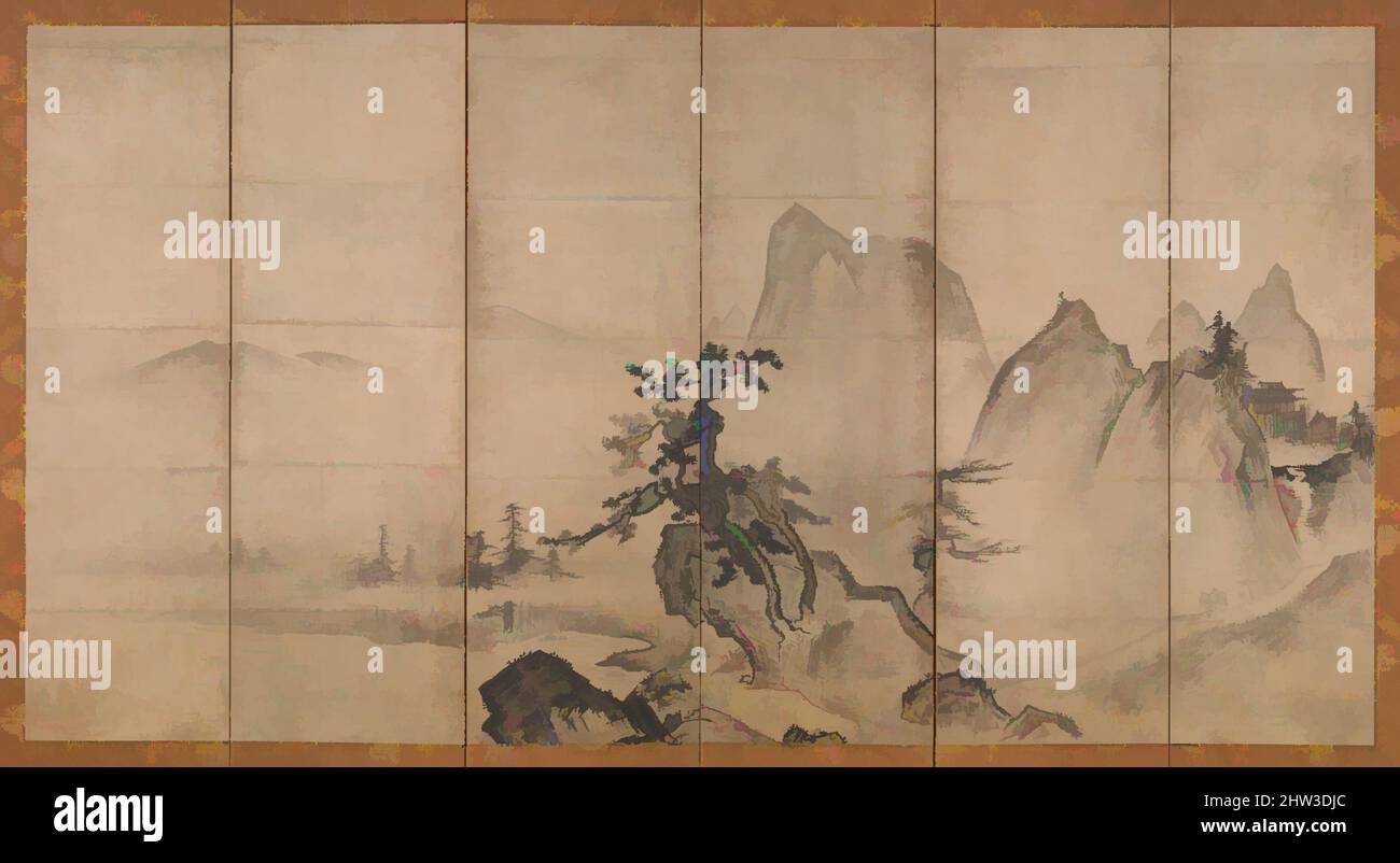 Art inspiré par 山水図屏風, Landscape After Xia GUI, période Muromachi (1392–1573), début–mi-15th siècle, Japon, deux écrans pliants à six panneaux; encre et couleur sur papier, 60 5/8 pouces × 9 pi 6 3/16 po (154 × 290 cm), écrans, traditionnellement attribués à Tenshō Shūbun (japonais, active 1414–, œuvres classiques modernisées par Artotop avec une touche de modernité. Formes, couleur et valeur, impact visuel accrocheur sur l'art émotions par la liberté d'œuvres d'art d'une manière contemporaine. Un message intemporel qui cherche une nouvelle direction créative. Artistes qui se tournent vers le support numérique et créent le NFT Artotop Banque D'Images
