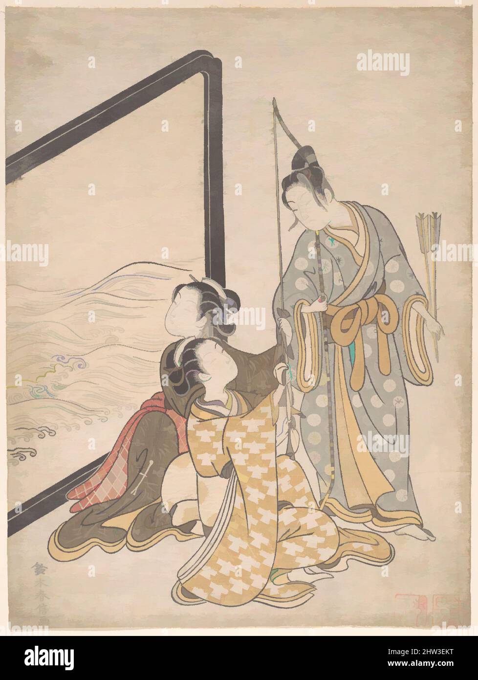 Art inspiré par la parodie de Minamoto no Tametomo, époque Edo (1615–1868), 1765, Japon, imprimé polychrome sur bois; encre et couleur sur papier, 10 1/2 x 7 7/8 cm (26,7 x 20 cm), tirages, Suzuki Harunobu (japonais, 1725–1770), dans le calendrier photo, la date cyclique pour 1765 est cachée. Japon, œuvres classiques modernisées par Artotop avec un peu de modernité. Formes, couleur et valeur, impact visuel accrocheur sur l'art émotions par la liberté d'œuvres d'art d'une manière contemporaine. Un message intemporel qui cherche une nouvelle direction créative. Artistes qui se tournent vers le support numérique et créent le NFT Artotop Banque D'Images