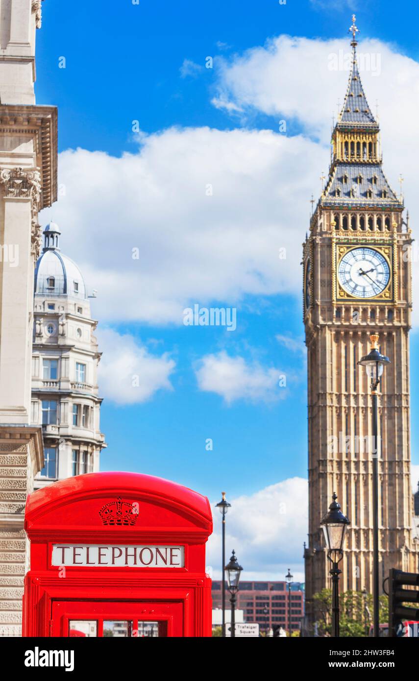 Big Ben et Red Phone Box, Londres, Angleterre, Royaume-Uni Banque D'Images