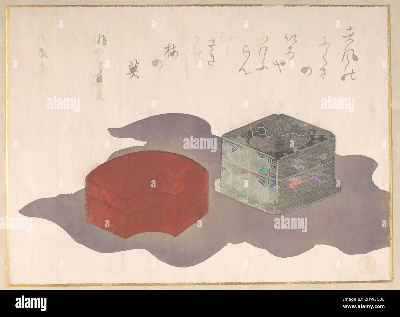 Art inspiré par des boîtes à encens avec un tissu d'emballage, époque Edo (1615–1868), 1808, Japon, imprimé polychrome (surimono); encre et couleur sur papier, 5 1/2 x 7 1/2 po. (14 x 19,1 cm), Prints, Kubo Shunman (japonais, 1757–1820), deux contenants d'encens sont représentés sur cette œuvre privée classique modernisée par Artotop avec une touche de modernité. Formes, couleur et valeur, impact visuel accrocheur sur l'art émotions par la liberté d'œuvres d'art d'une manière contemporaine. Un message intemporel qui cherche une nouvelle direction créative. Artistes qui se tournent vers le support numérique et créent le NFT Artotop Banque D'Images