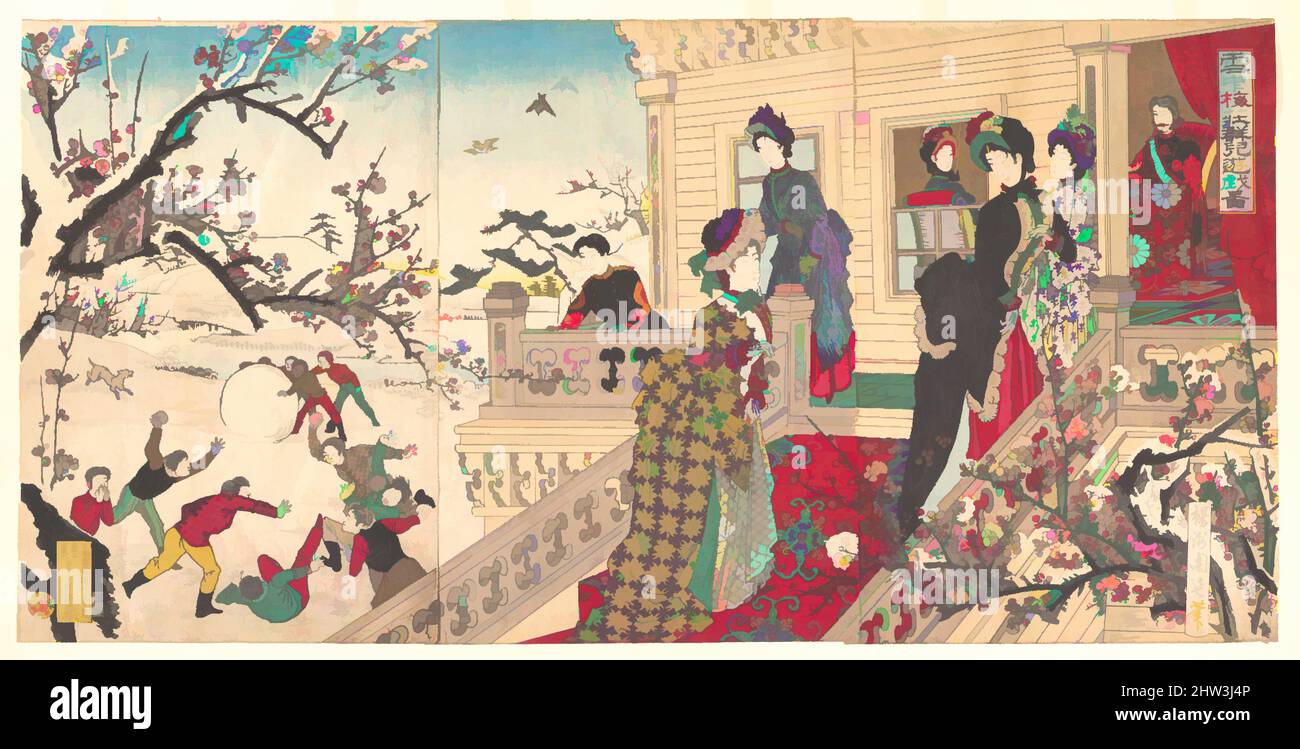 Art inspiré par 『雪中梅荘群児遊戯 図』, enfants jouant dans la neige sous les arbres de Plum dans Bloom, (Secchū, baisō gunji yūgi zu), période Meiji (1868–1912), novembre 1887, Japon, Triptych de gravures polychromes sur bois; encre et couleur sur papier, image: 14 x 28 3/4 po. (35,6 x 73 cm), tirages, Yōshū (, oeuvres classiques modernisées par Artotop avec une touche de modernité. Formes, couleur et valeur, impact visuel accrocheur sur l'art émotions par la liberté d'œuvres d'art d'une manière contemporaine. Un message intemporel qui cherche une nouvelle direction créative. Artistes qui se tournent vers le support numérique et créent le NFT Artotop Banque D'Images