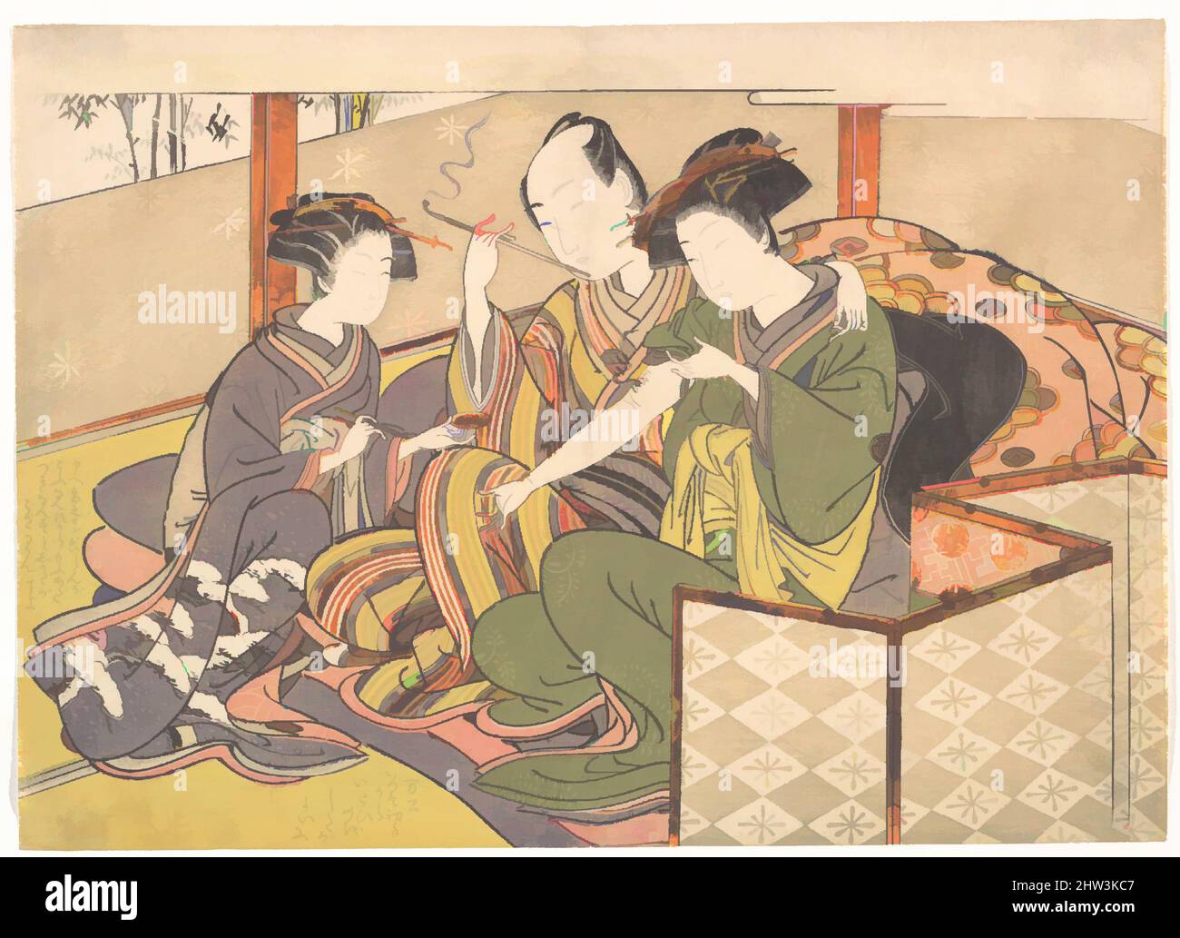 Art inspiré par le serviteur appliquant le médicament au bras de Geisha, période Edo (1615–1868), fin du 18th siècle, Japon, imprimé en polychrome sur bois; Encre et couleur sur papier, H. 8 7/8 po. (22,5 cm) ; avec 12 3/8 po (31,4 cm), Prints, Kitao Shigemasa (japonais, 1739–1820, oeuvres classiques modernisées par Artotop avec une touche de modernité. Formes, couleur et valeur, impact visuel accrocheur sur l'art émotions par la liberté d'œuvres d'art d'une manière contemporaine. Un message intemporel qui cherche une nouvelle direction créative. Artistes qui se tournent vers le support numérique et créent le NFT Artotop Banque D'Images