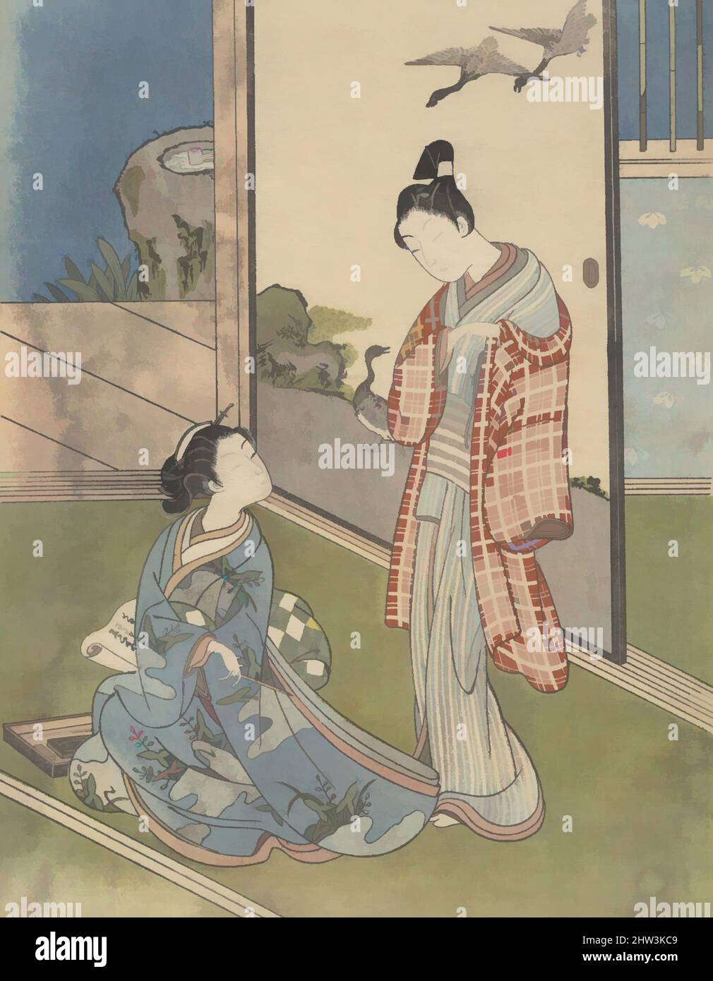 Art inspiré par Une fille écrivant une lettre, période Edo (1615–1868), 18th siècle, Japon, imprimé polychrome sur bois; Encre et couleur sur papier, H. 11 1/2 po. (29,2 cm) ; avec 8 1/4 po (21 cm), Prints, Suzuki Harunobu (japonais, 1725–1770), la jeune femme assise a écrit ce qui est, œuvres classiques modernisées par Artotop avec un peu de modernité. Formes, couleur et valeur, impact visuel accrocheur sur l'art émotions par la liberté d'œuvres d'art d'une manière contemporaine. Un message intemporel qui cherche une nouvelle direction créative. Artistes qui se tournent vers le support numérique et créent le NFT Artotop Banque D'Images