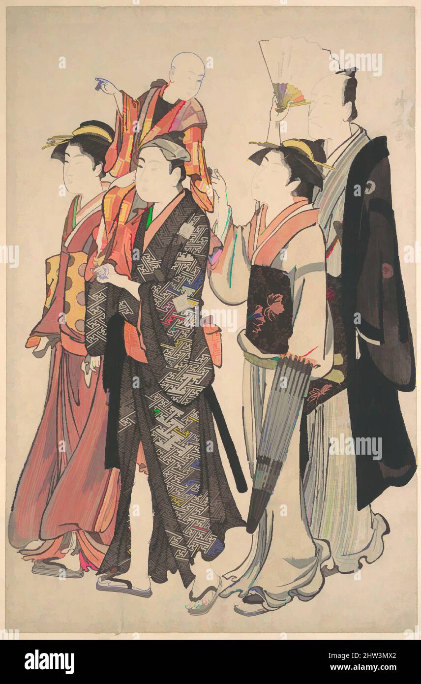 Art inspiré par Ichikawa Danjuro V et sa famille, époque Edo (1615–1868), 1782, Japon, imprimé polychrome sur bois; encre et couleur sur papier, 15 1/4 x 10 cm (38,7 x 25,4 cm), Prints, Torii Kiyonaga (japonais, 1752–1815), Kiyonaga dépeint le Danjūrō V et sa famille en visite de sanctuaire, œuvres classiques modernisées par Artotop avec une touche de modernité. Formes, couleur et valeur, impact visuel accrocheur sur l'art émotions par la liberté d'œuvres d'art d'une manière contemporaine. Un message intemporel qui cherche une nouvelle direction créative. Artistes qui se tournent vers le support numérique et créent le NFT Artotop Banque D'Images