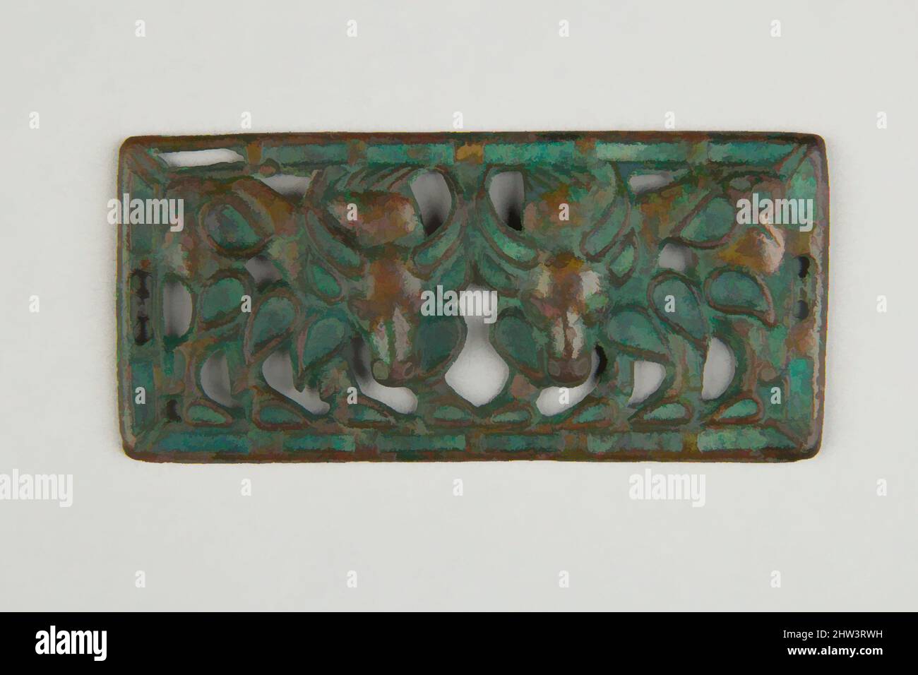 Art inspiré par la plaque de ceinture avec les vignes à face, 2nd–1st siècle avant J.-C., Chine du Nord, Bronze, H. 2 1/8 po. (5,4 cm) ; avec 4 5/8 po (11,7 cm), Metalwork, oeuvres classiques modernisées par Artotop avec une touche de modernité. Formes, couleur et valeur, impact visuel accrocheur sur l'art émotions par la liberté d'œuvres d'art d'une manière contemporaine. Un message intemporel qui cherche une nouvelle direction créative. Artistes qui se tournent vers le support numérique et créent le NFT Artotop Banque D'Images