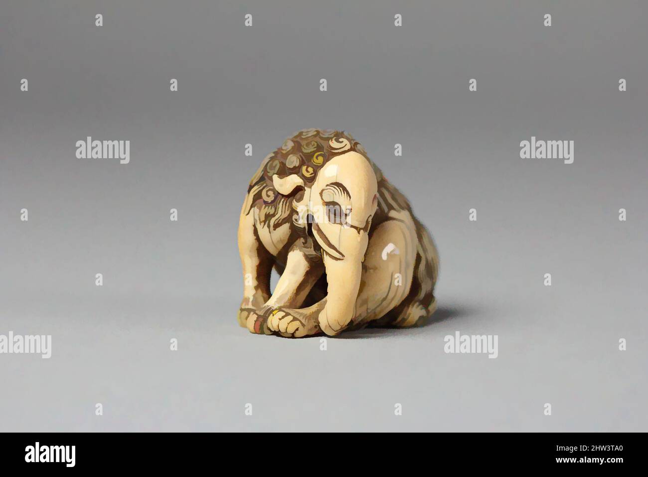 Art inspiré par Netsuke de Baku assis (animal mythique), 19th siècle, Japon, Ivoire, H. 1 1/2 in. (3,8 cm) ; avec 1 3/4 po (4,4 cm) ; D. 1 po (2,5 cm), Netsuke, oeuvres classiques modernisées par Artotop avec une touche de modernité. Formes, couleur et valeur, impact visuel accrocheur sur l'art émotions par la liberté d'œuvres d'art d'une manière contemporaine. Un message intemporel qui cherche une nouvelle direction créative. Artistes qui se tournent vers le support numérique et créent le NFT Artotop Banque D'Images