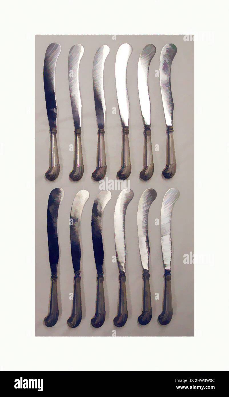 Art inspiré par douze couteaux, I. S., Sheffield, I. H., Sheffield, Fin du 18th siècle, britannique, Sheffield, argent, acier, Longueur (chacun) : 10 3/4 po. (27,3 cm), Metalwork-Silver, I. S., Sheffield, I. H., Sheffield, Classic œuvres modernisées par Artotop avec une touche de modernité. Formes, couleur et valeur, impact visuel accrocheur sur l'art émotions par la liberté d'œuvres d'art d'une manière contemporaine. Un message intemporel qui cherche une nouvelle direction créative. Artistes qui se tournent vers le support numérique et créent le NFT Artotop Banque D'Images