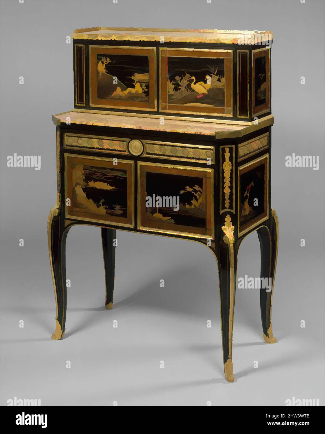 Art inspiré par le bureau (bonheur du jour), Claude-Charles Saunier (français, 1735–1807), env. 1765–75, français, chêne, plaqué ébène, laque japonaise, supports en marbre brecchilito et bronze doré, 39 x 25 1/4 x 14 1/2 po. (99,1 x 64,1 x 36,8cm), mobilier en bois, Claude-Charles Saunier (, oeuvres classiques modernisées par Artotop avec une touche de modernité. Formes, couleur et valeur, impact visuel accrocheur sur l'art émotions par la liberté d'œuvres d'art d'une manière contemporaine. Un message intemporel qui cherche une nouvelle direction créative. Artistes qui se tournent vers le support numérique et créent le NFT Artotop Banque D'Images